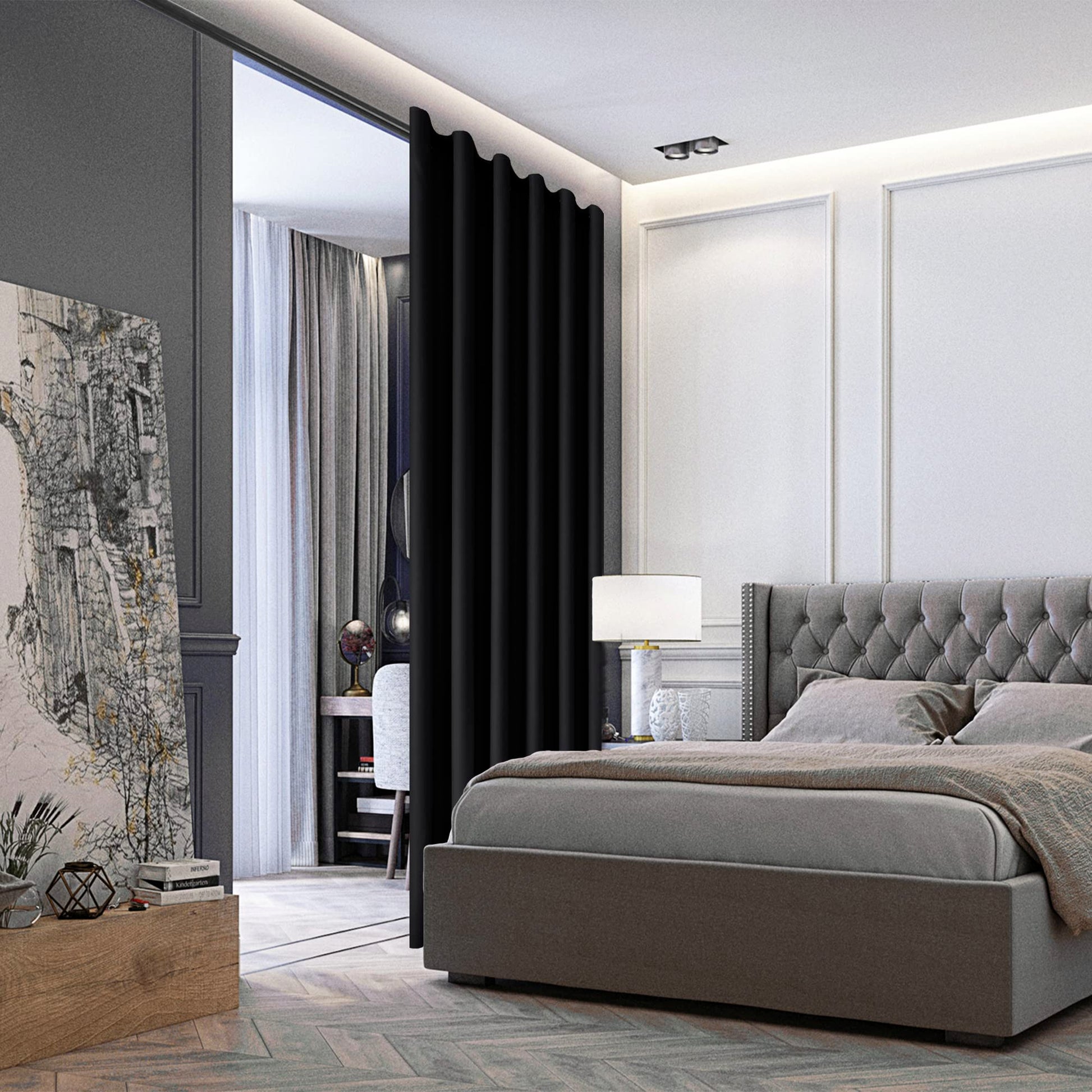 Black DWCN Official Room Divider Blackout Curtain panel with grommets, ideal for blocking light and dividing spaces.