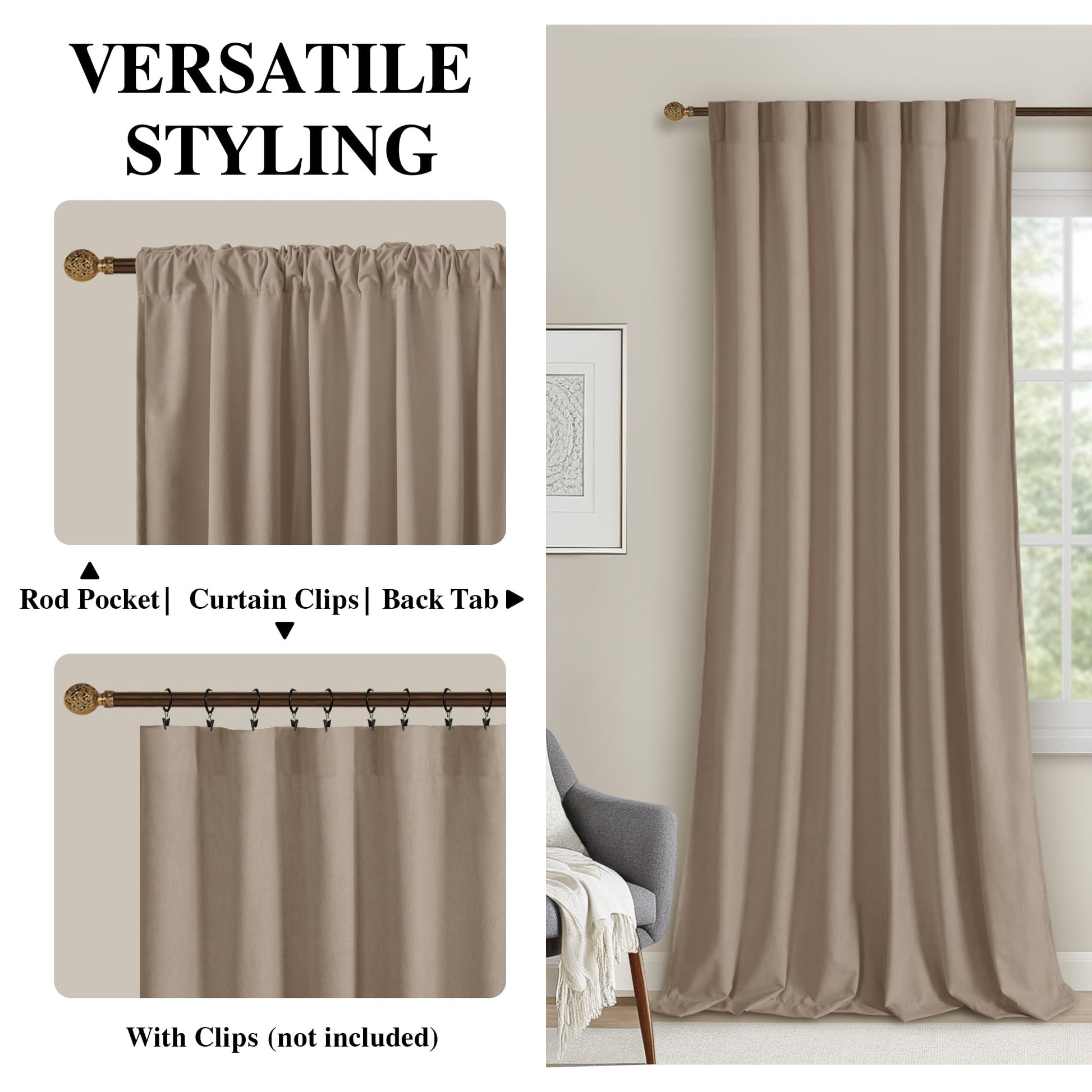 DWCN Velvet curtains with two panels featuring rod pocket and back tab designs, shown hanging smoothly on a curtain rod.