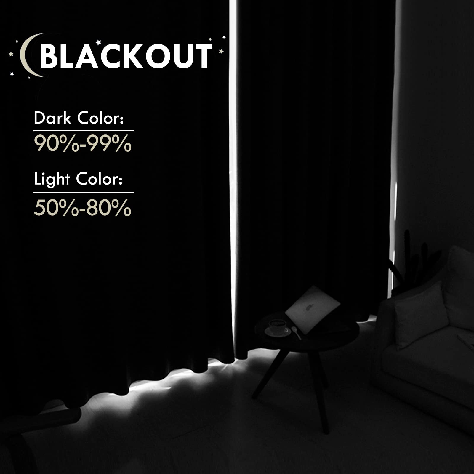 Two black DWCN Official rod pocket blackout curtains panels hanging side by side in a modern living room.