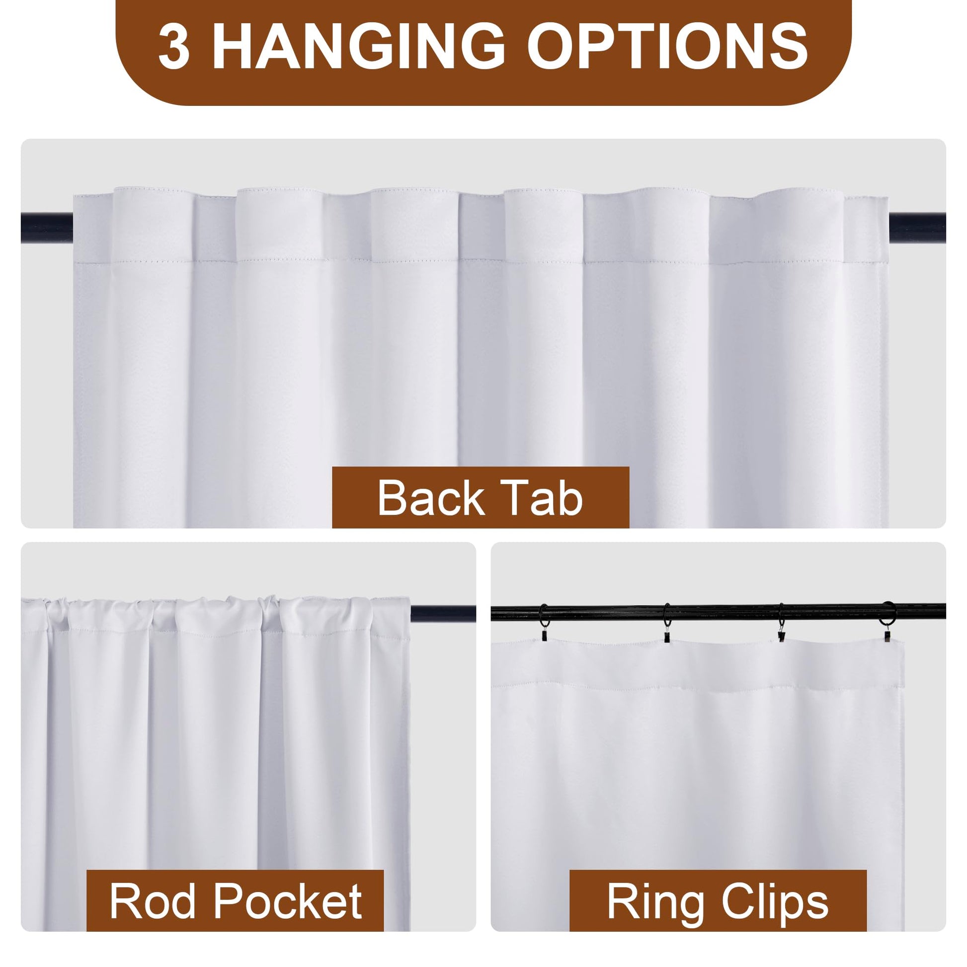 Two black DWCN Official blackout curtain panels with tiebacks, rod pocket and back tab design, hanging on a curtain rod.