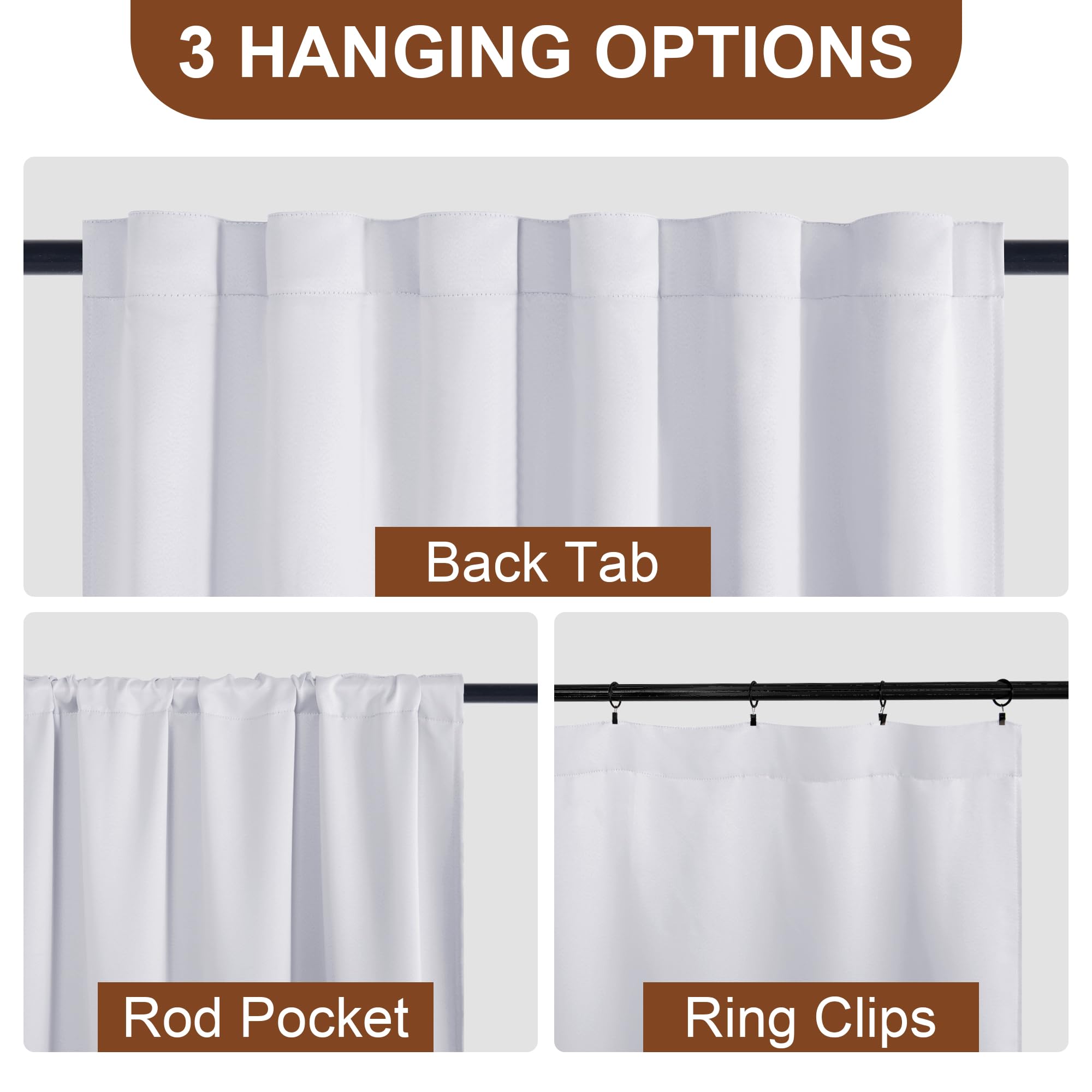 Two black DWCN Official blackout curtain panels with tiebacks, rod pocket and back tab design, hanging on a curtain rod.