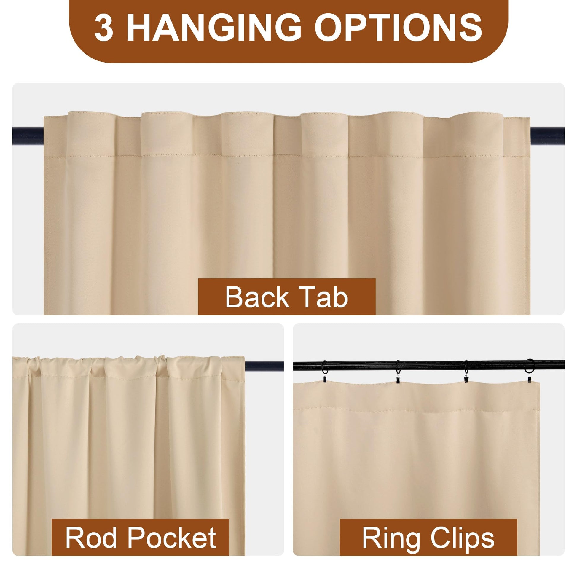 Set of two DWCN Blackout Curtains with tiebacks, rod pocket and back tab design, shown hanging in a window.