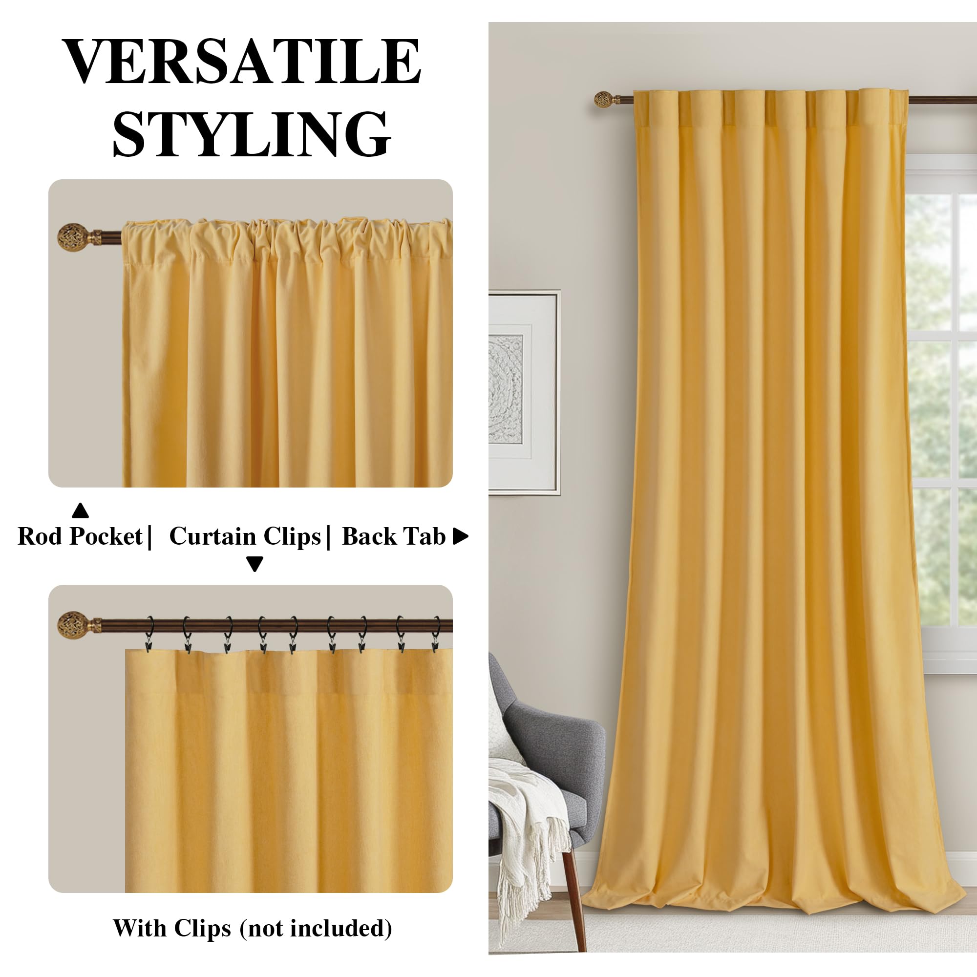DWCN Velvet Curtains with 2 panels, featuring rod pocket and back tab designs, hanging elegantly on a window.