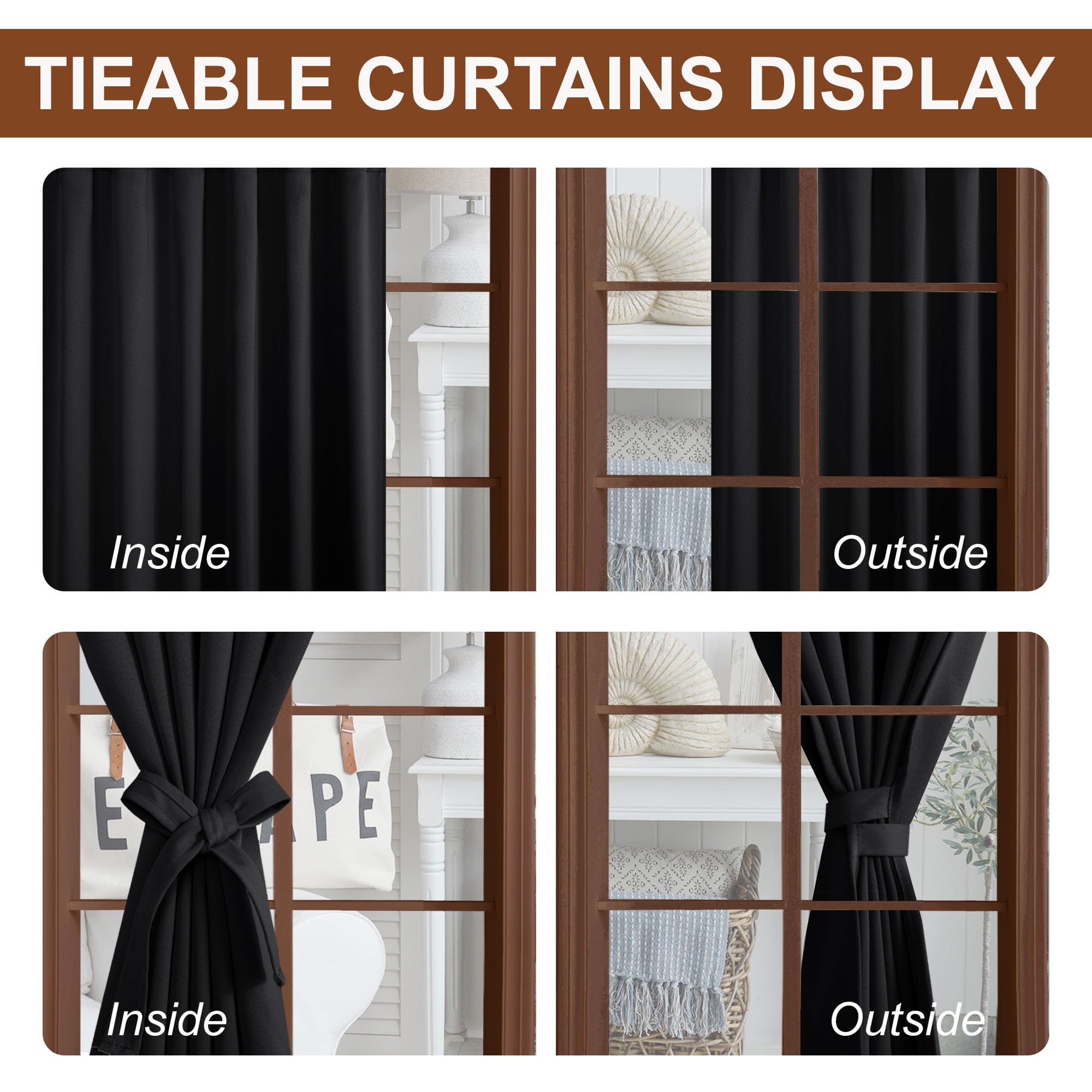 Pair of DWCN Blackout Curtains with tiebacks, rod pocket and back tab design, set of 2 panels hanging on a window.