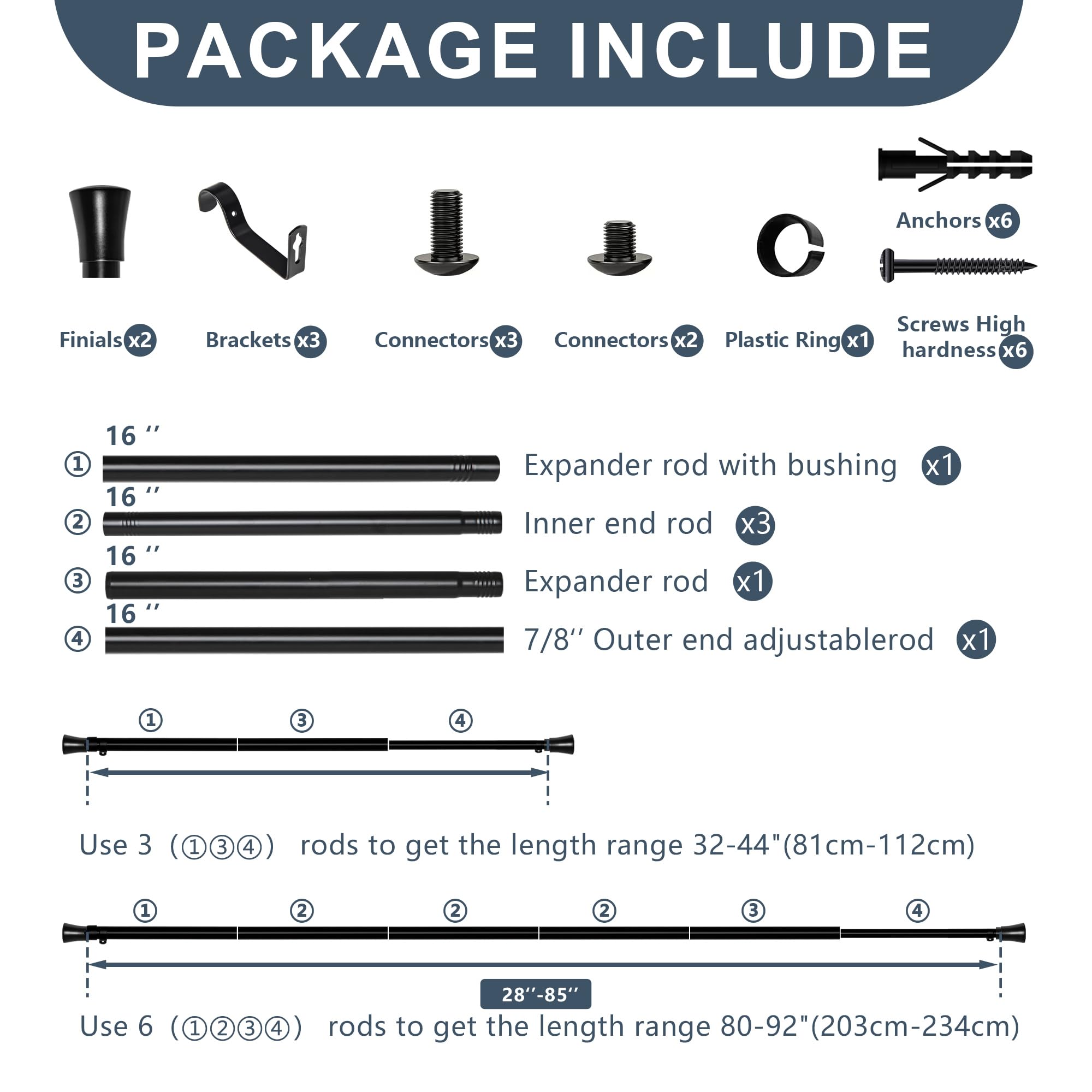 Product package contents list with various components and their quantities on a white background.