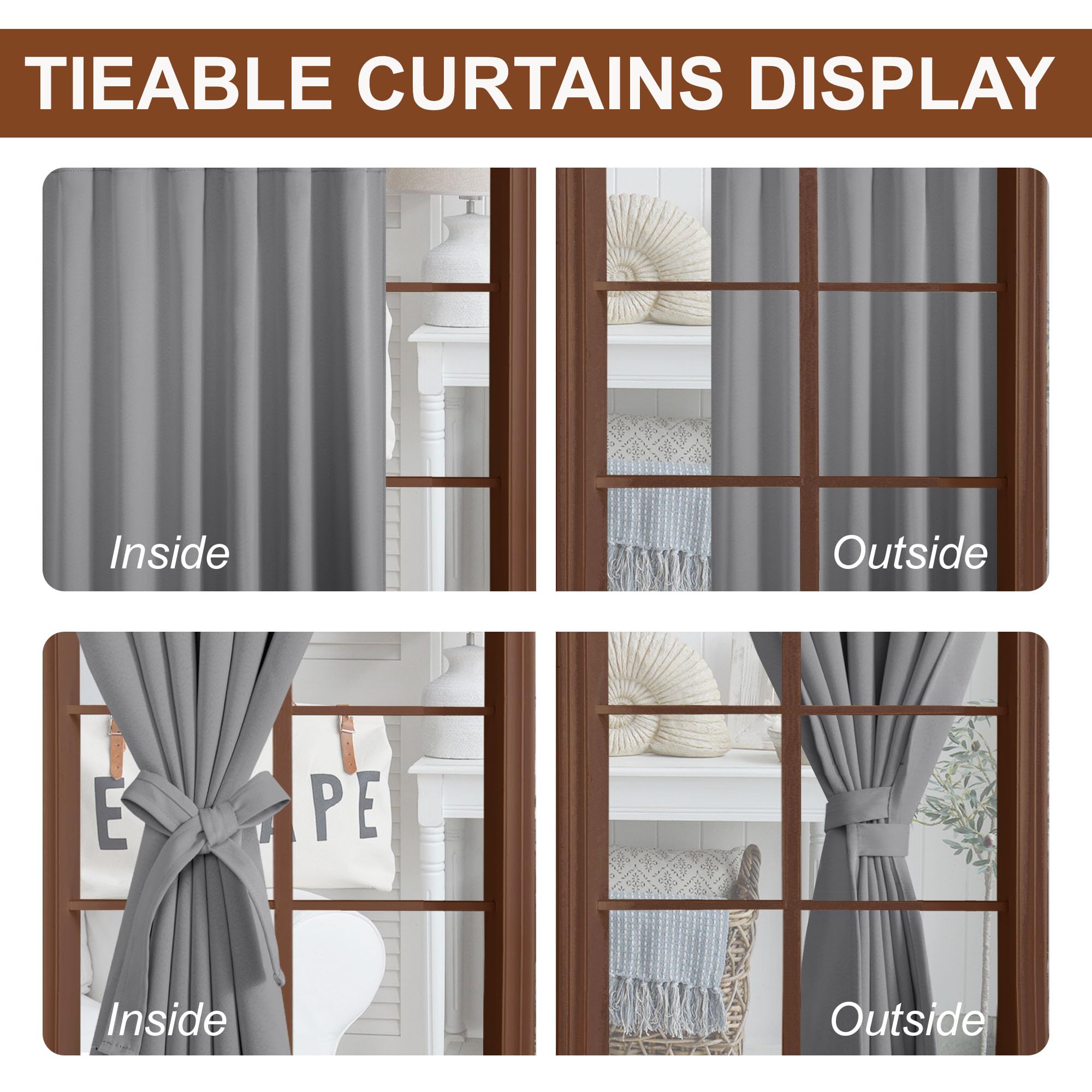 Pair of black DWCN blackout curtains with tiebacks, rod pocket and back tab design, set of 2 panels for window coverage.