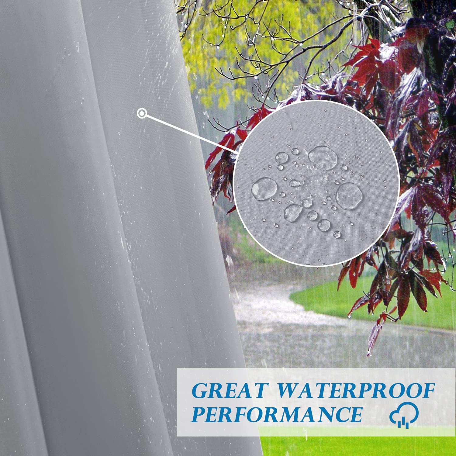 DWCN Outdoor Curtains hanging outside, lightweight fabric with a neutral color, ideal for patio or garden privacy and shade