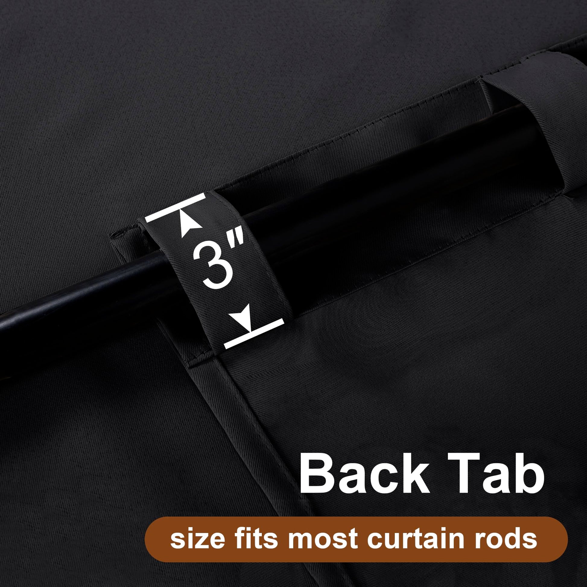 Set of two DWCN Blackout Curtains with tiebacks, rod pocket and back tab, in black fabric for room darkening and privacy.