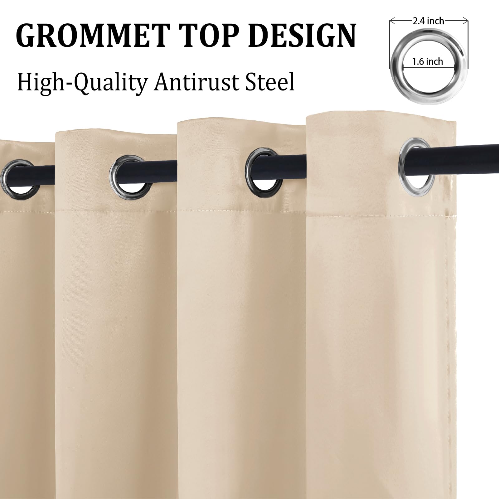 Pair of DWCN black blackout curtains with tiebacks, featuring a sleek fabric design and hanging rod, set of 2 panels.