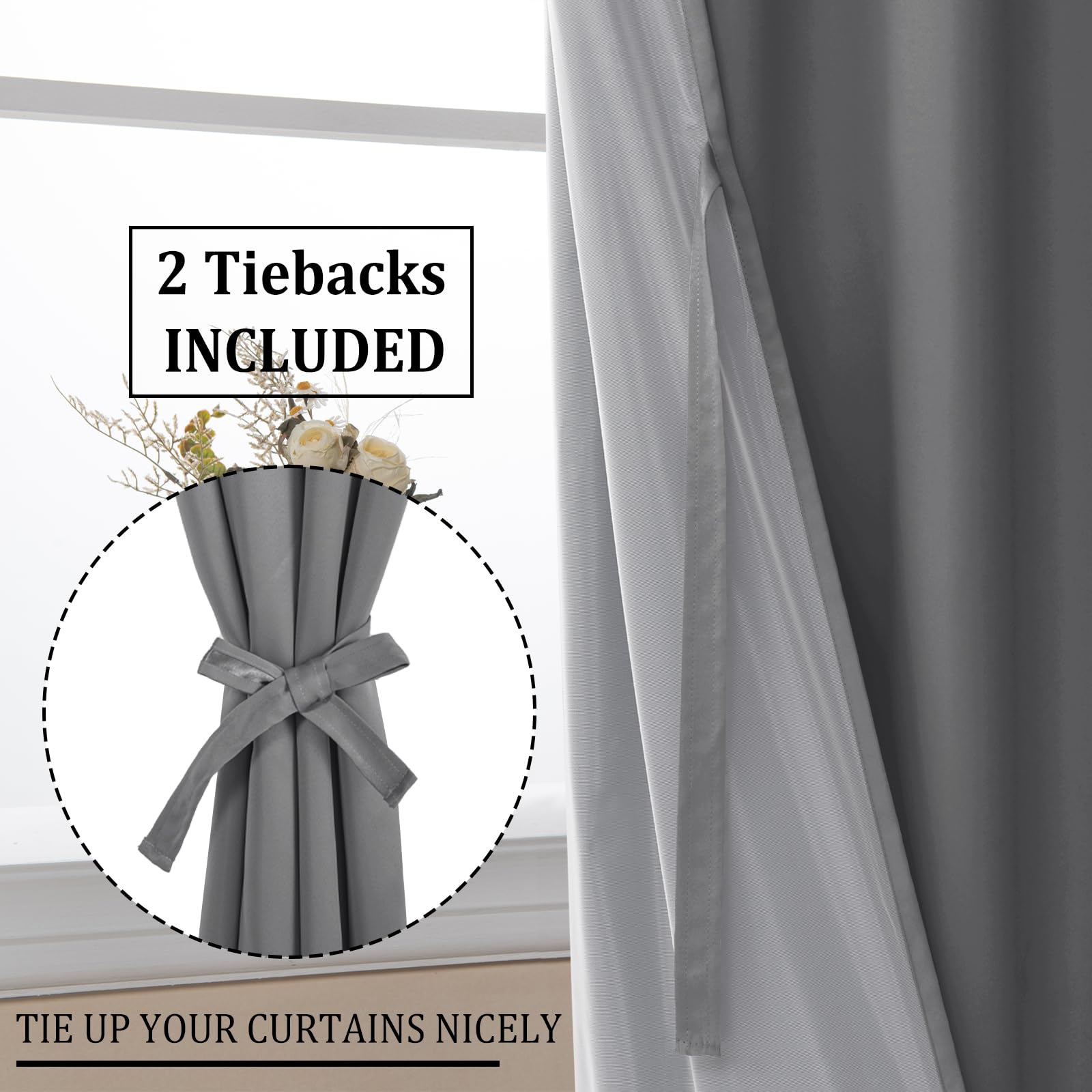 Pair of black blackout curtains with tiebacks, 2-panel set from DWCN Official, featuring heavy fabric and elegant design.