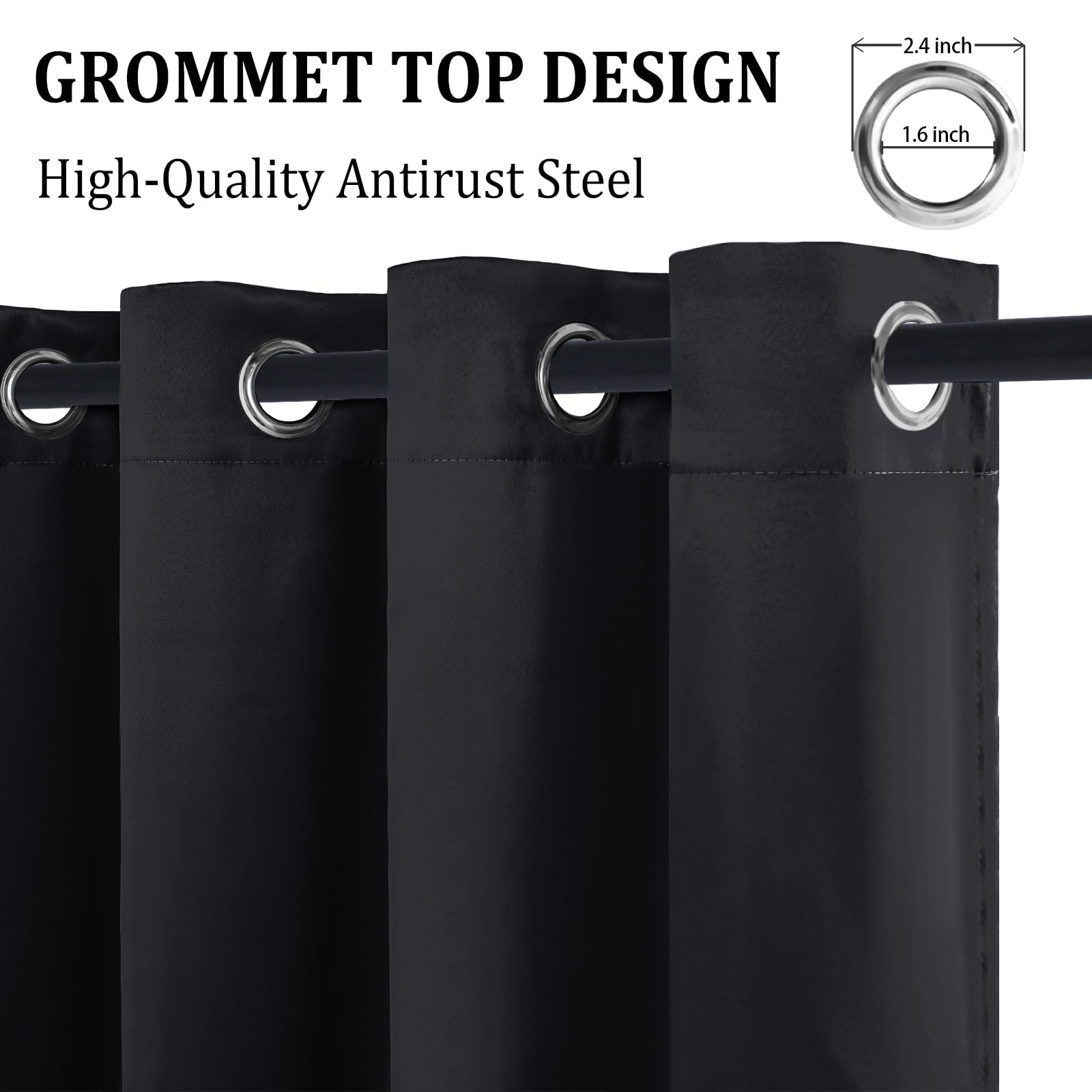 DWCN official black blackout curtains with tiebacks, set of 2 panels, showing fabric texture and elegant design for bedroom or living room