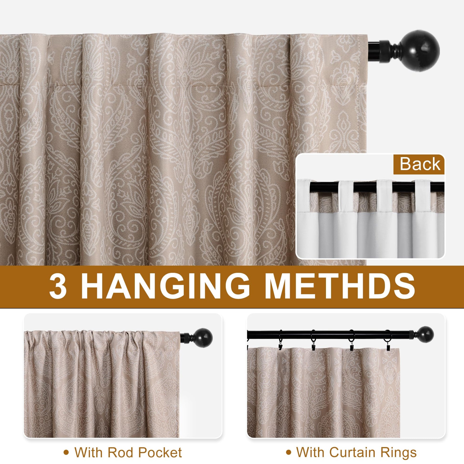DWCN Official black blackout curtains with ombre black and gray design, set of 2 panels with tiebacks hanging on a window.