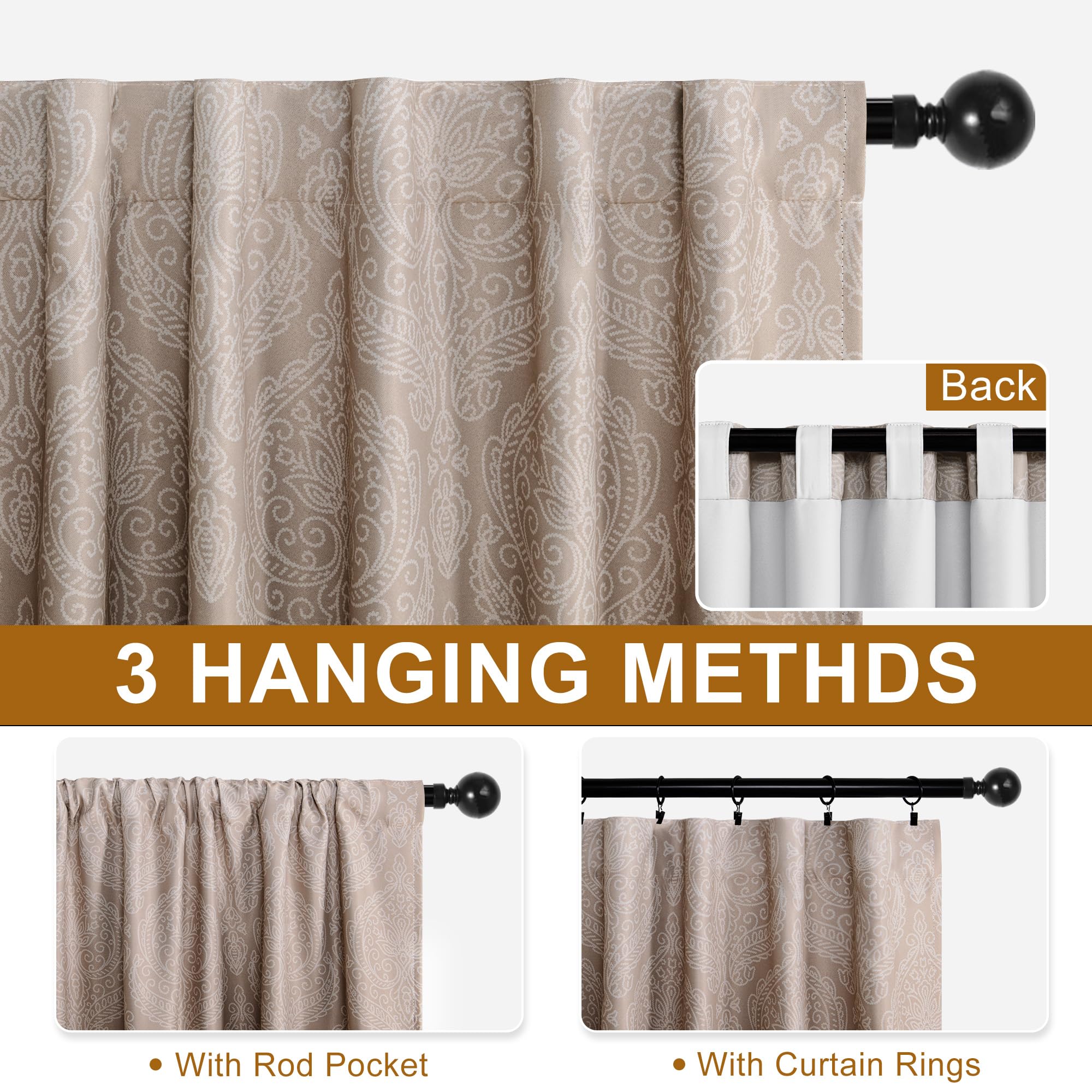 DWCN Official black blackout curtains with ombre black and gray design, set of 2 panels with tiebacks hanging on a window.