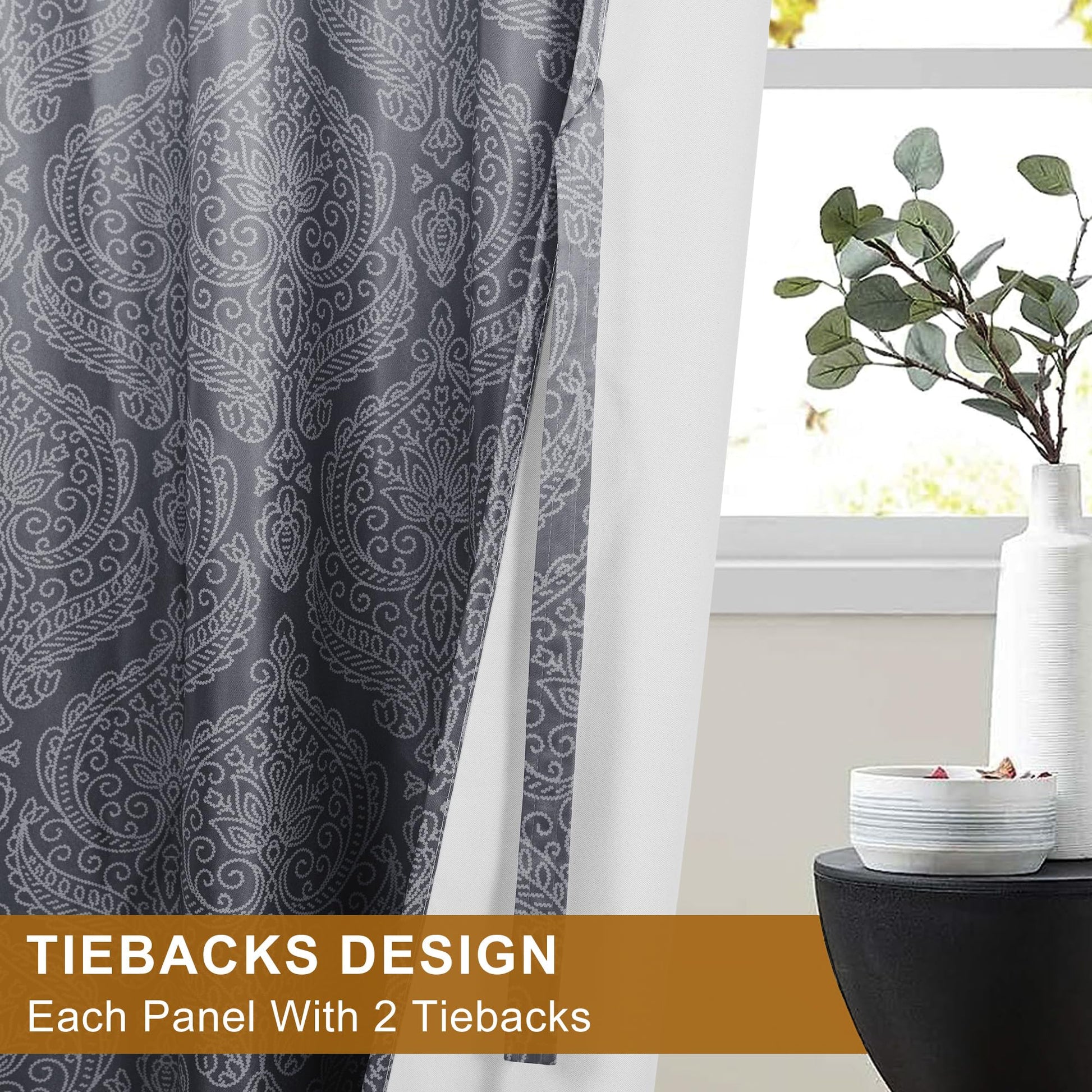 DWCN Official black blackout curtains with ombre black and gray design, set of 2 panels with tiebacks for bedroom or living room window.