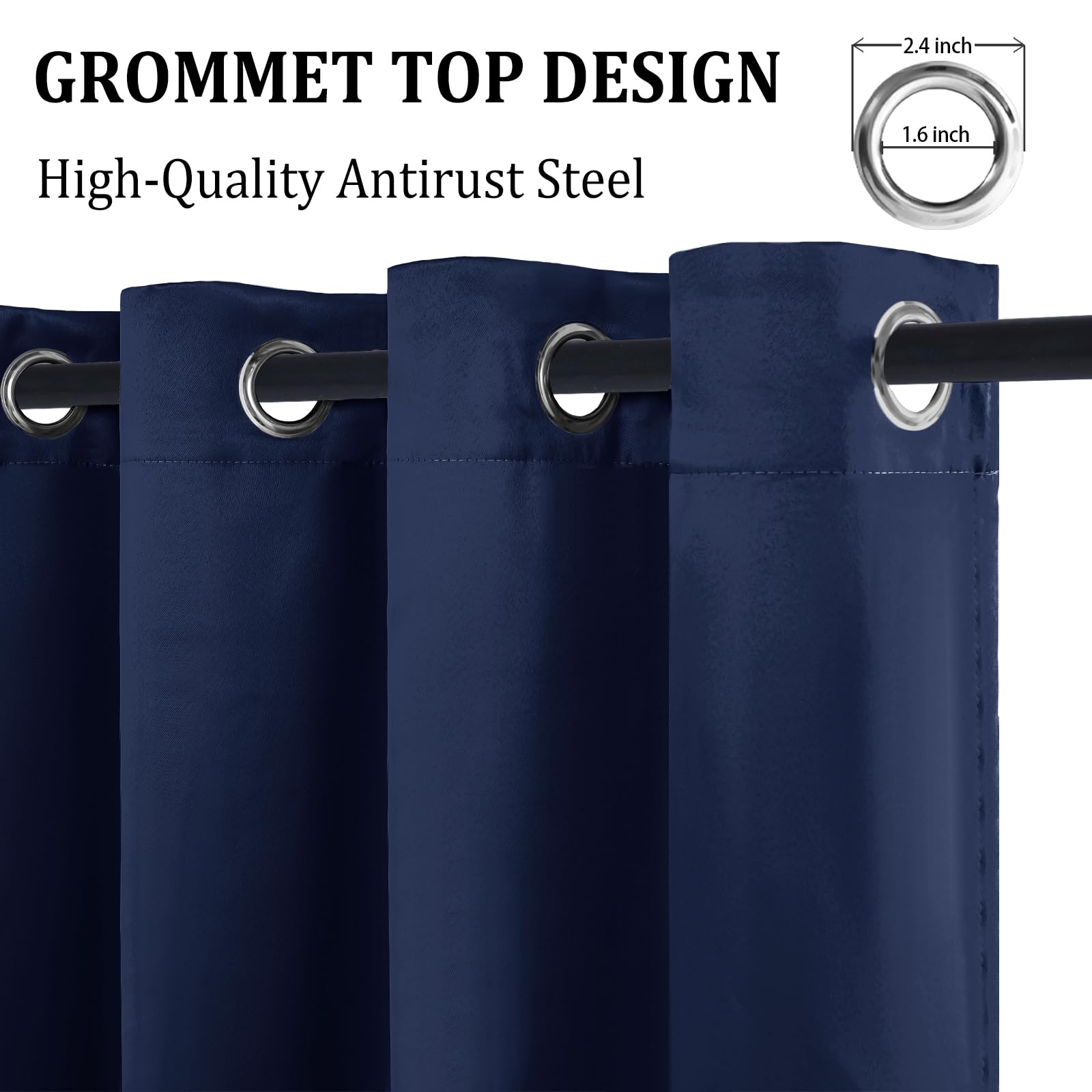 Pair of DWCN official 100% blackout curtains with tiebacks, black fabric panels hanging on a window, room interior visible behind.