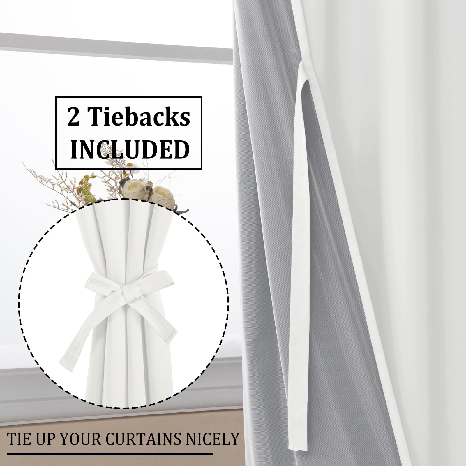DWCN black blackout curtain panels with tiebacks, set of 2, featuring dark fabric and elegant design for room darkening.
