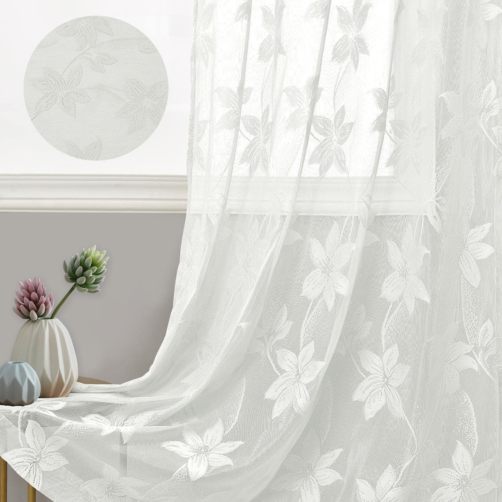 Pair of DWCN Official lace sheer curtains with delicate floral patterns, set of 2 panels for elegant window decor