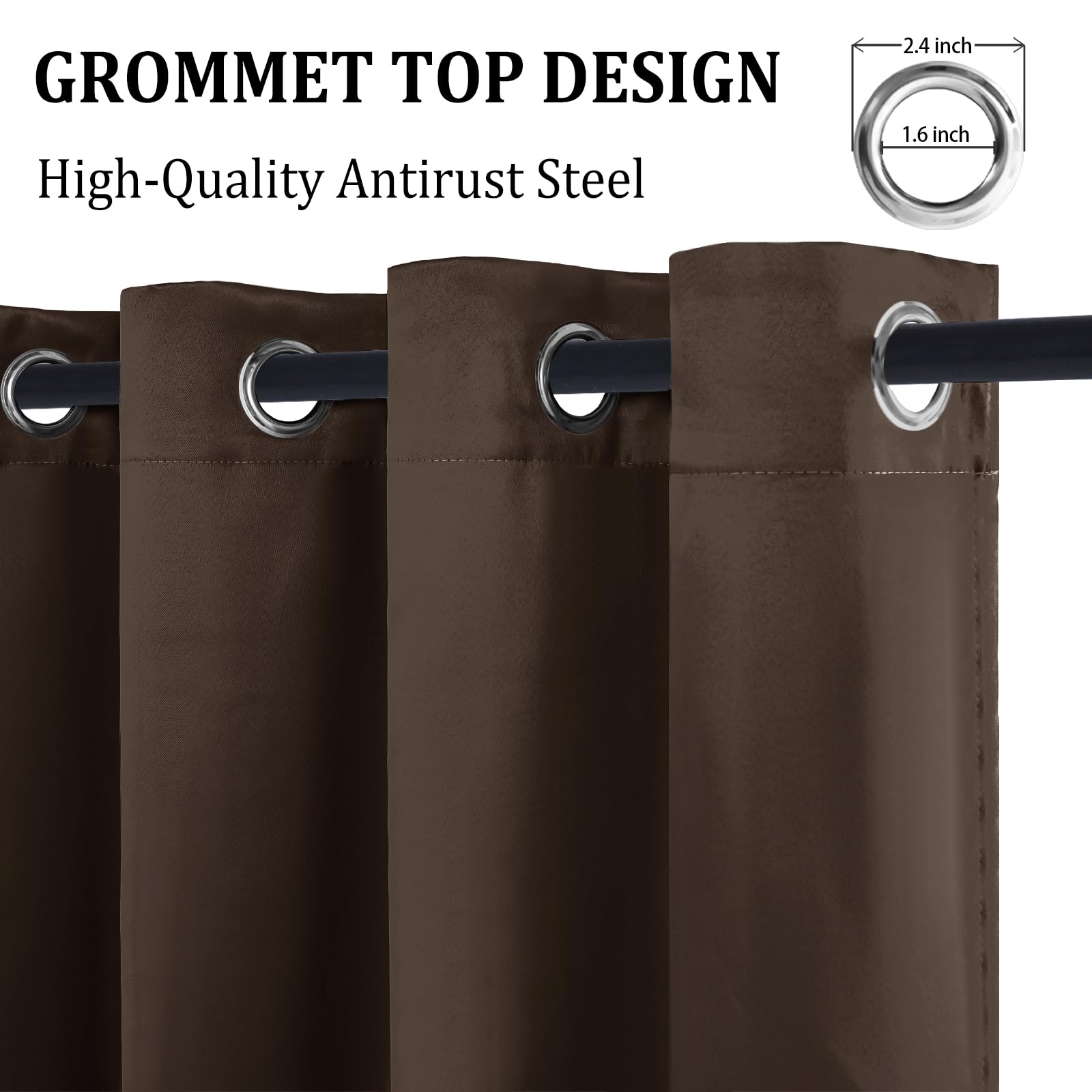 Pair of DWCN official 100% blackout curtains with tiebacks, set of 2 panels, in black fabric, hanging on a window.