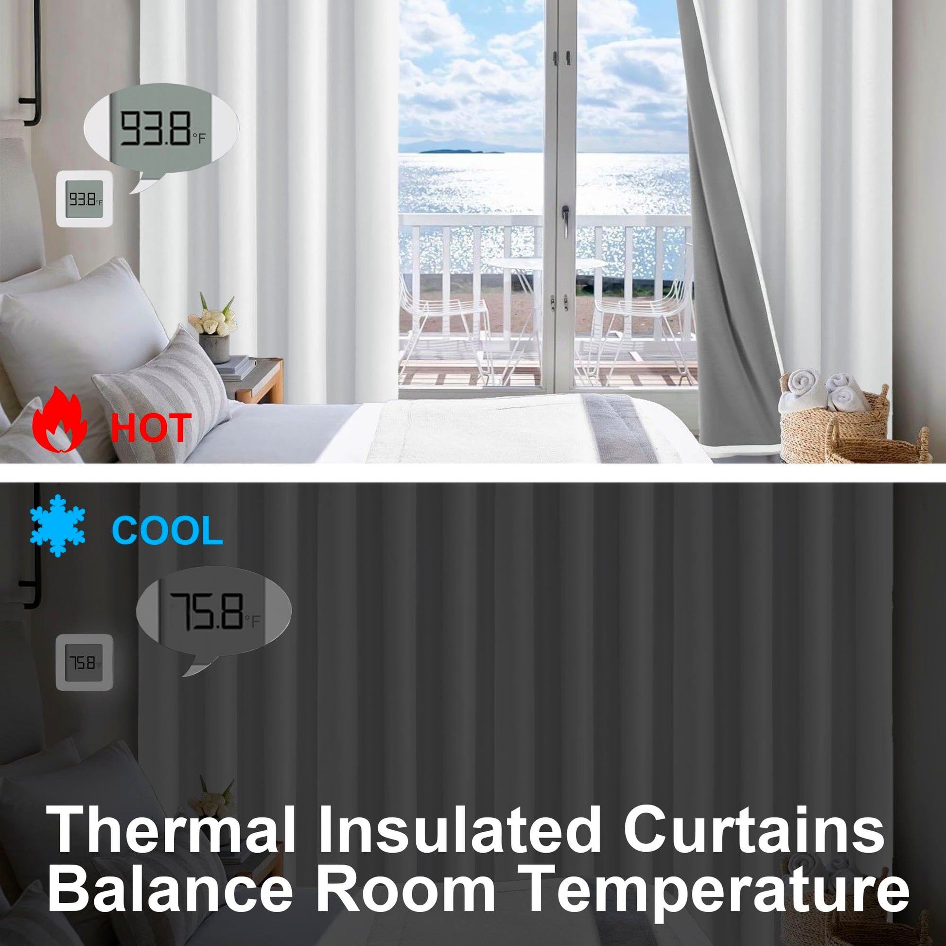 Black DWCN Official 100% blackout curtains with grommet top design hanging on a curtain rod in a modern living room.