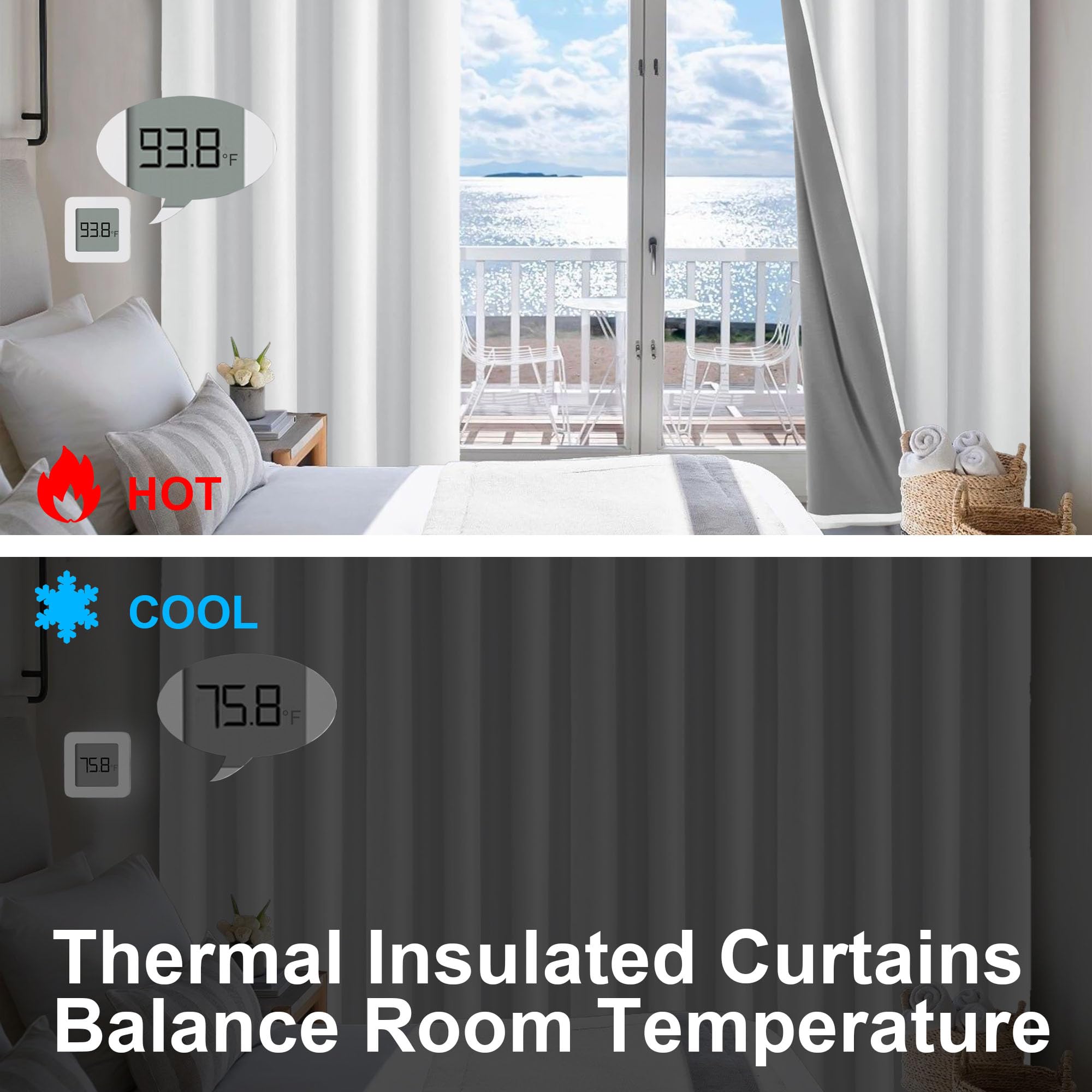 Black DWCN Official 100% blackout curtains with grommet top design hanging on a curtain rod in a modern living room.