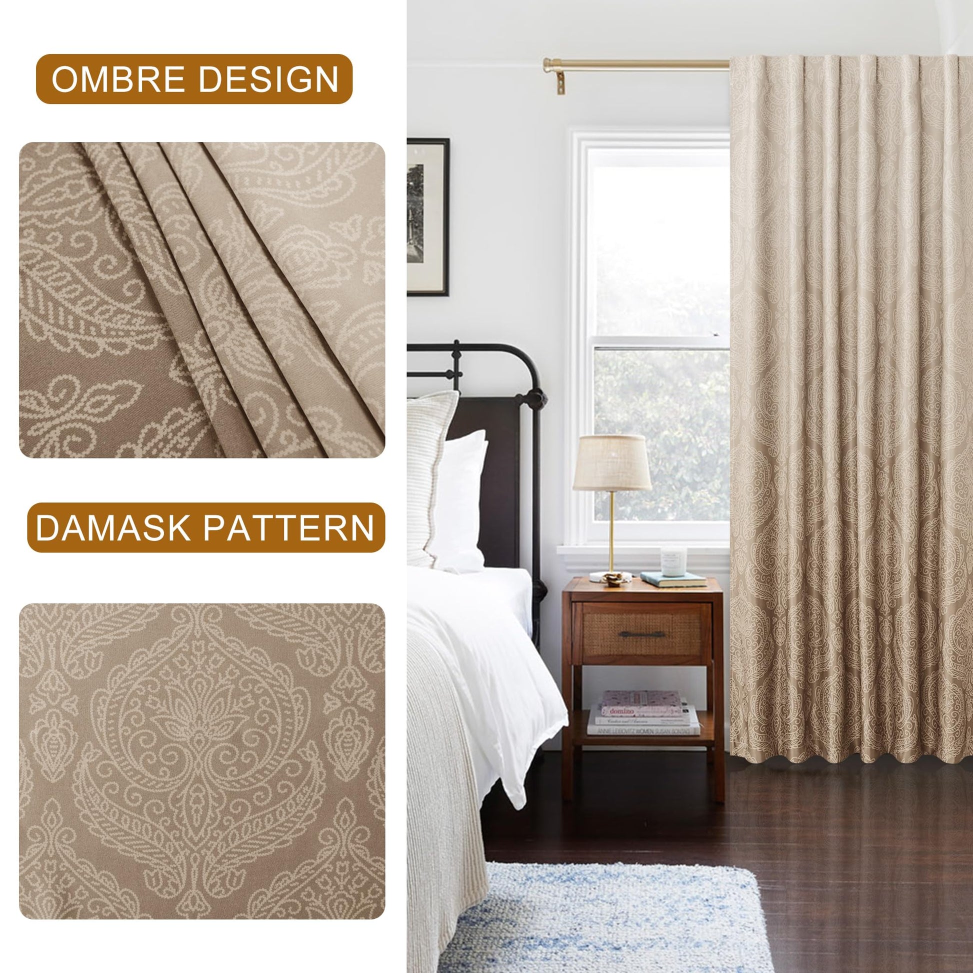 Pair of DWCN Official black blackout curtains with ombre design and tiebacks, set of two panels hanging on a window.