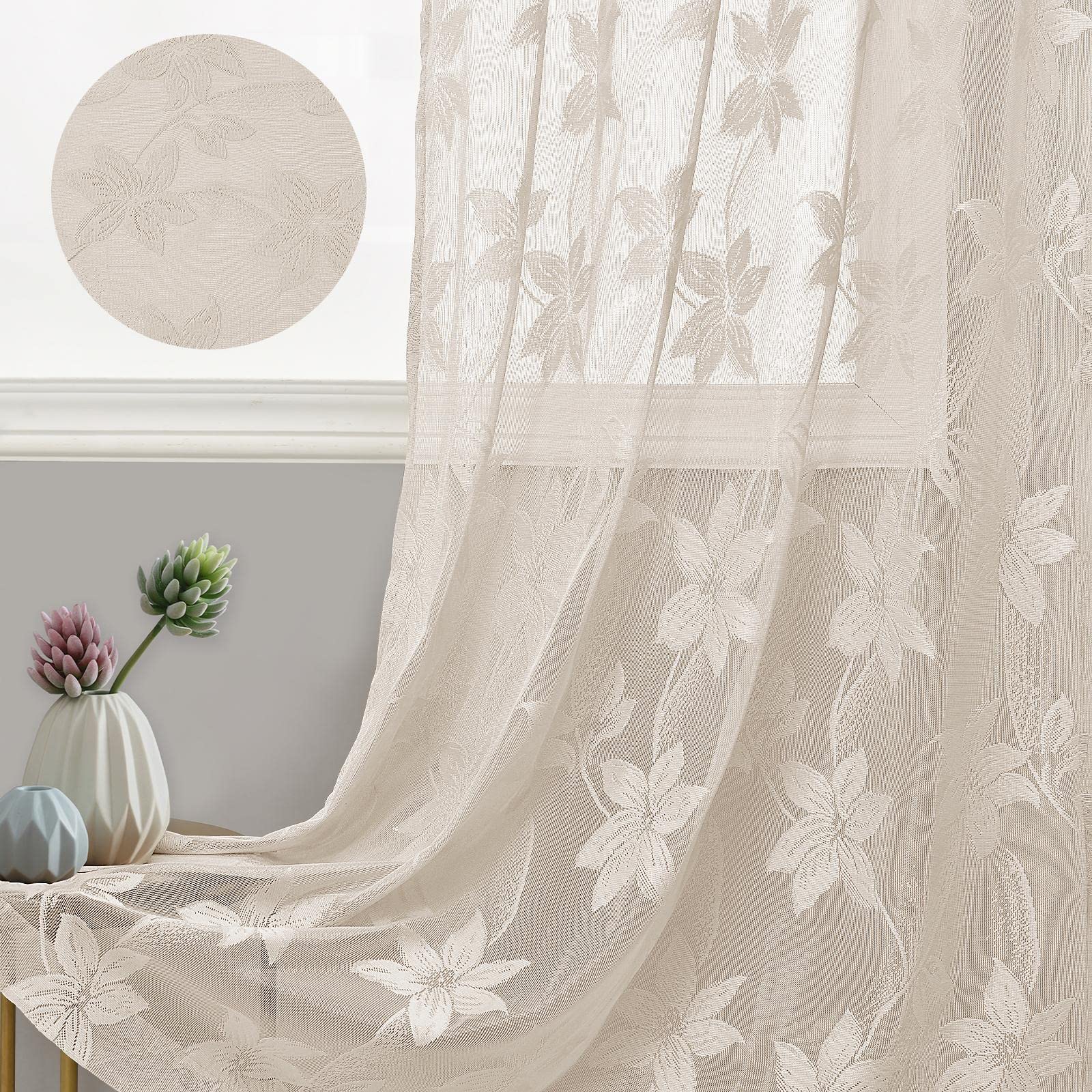 Two sheer lace curtains panels from DWCN Official, showcasing delicate floral patterns and lightweight, semi-transparent fabric.