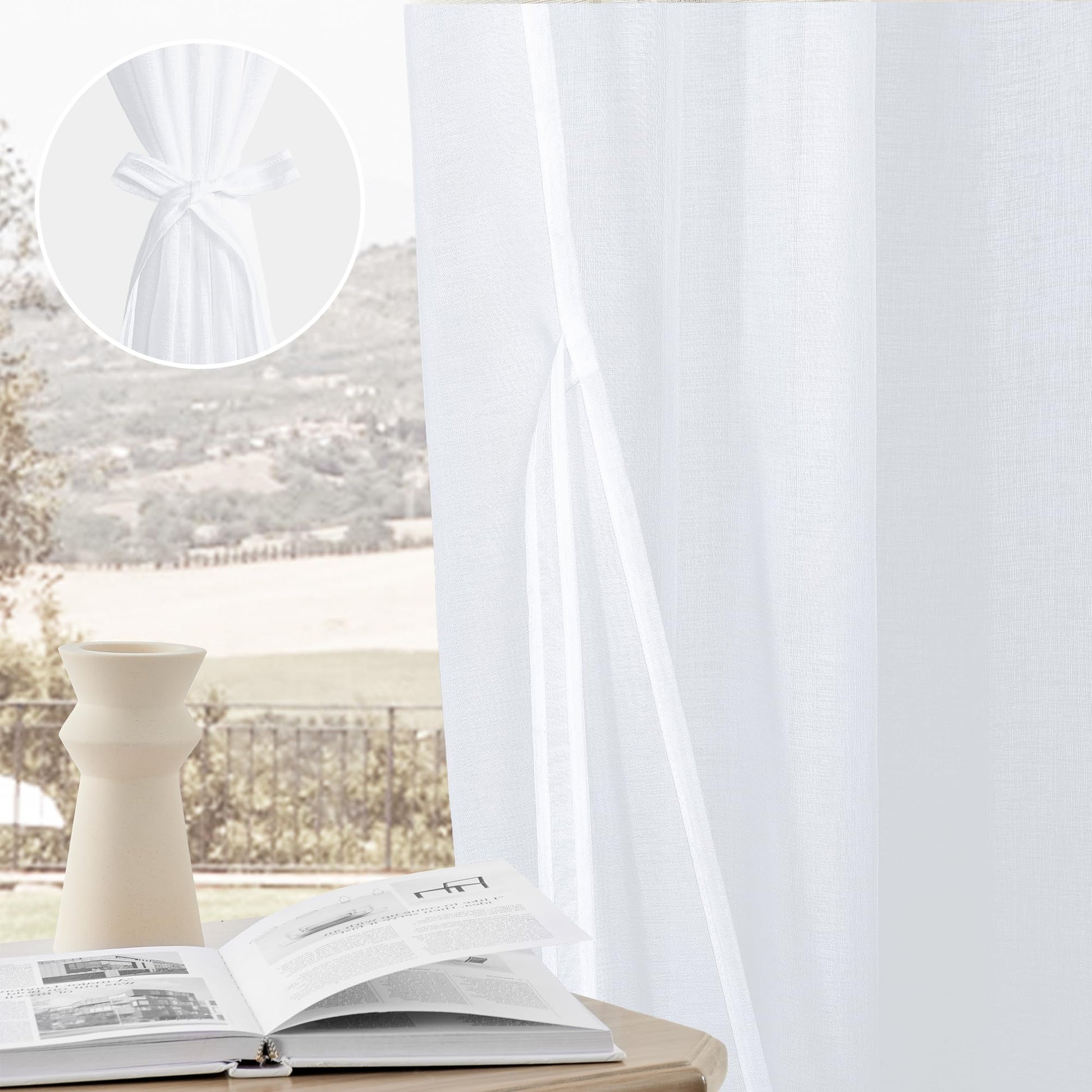 Pair of DWCN White Faux Linen Sheer Curtains with tiebacks, set of 2 panels, featuring lightweight, semi-transparent fabric and elegant design.