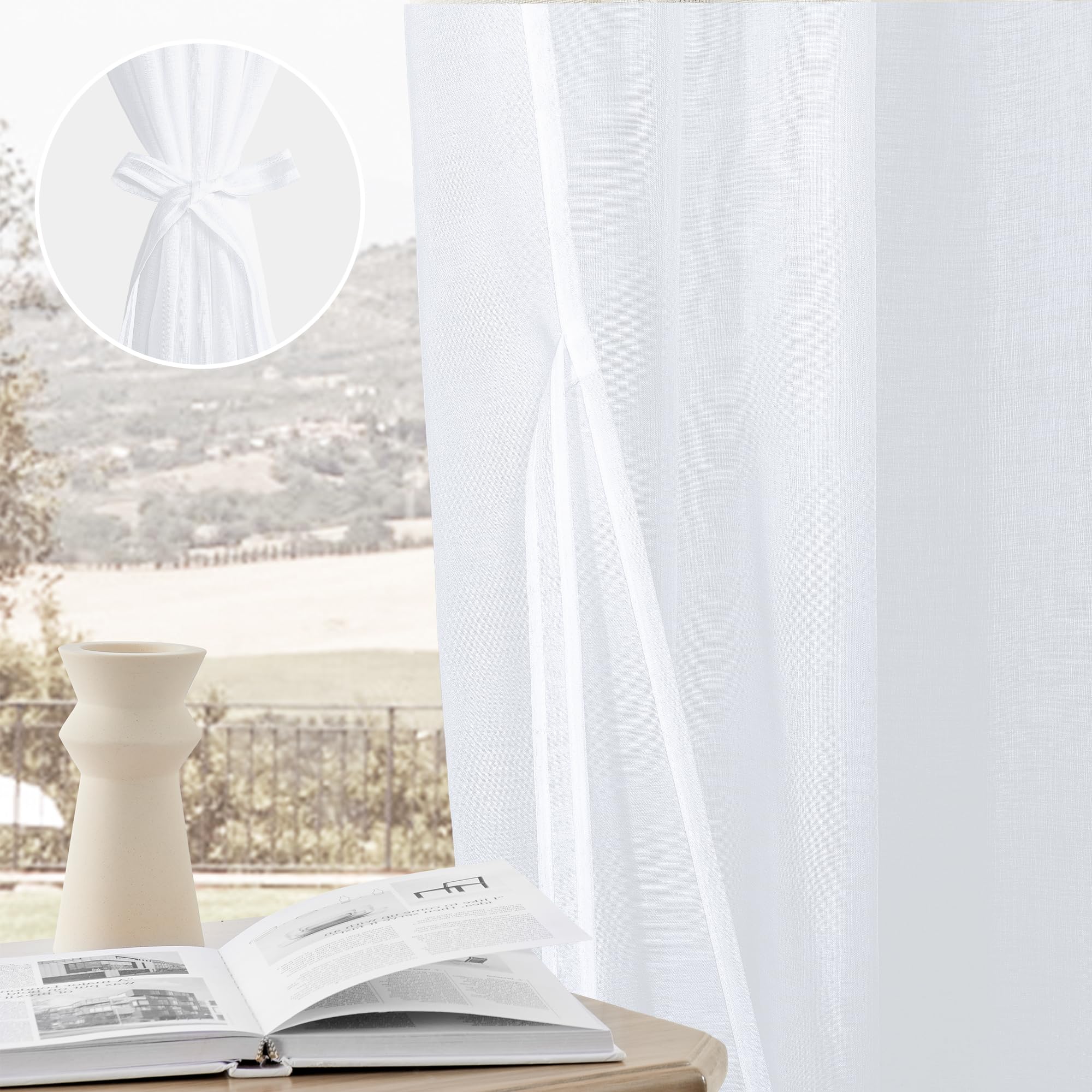 Pair of DWCN White Faux Linen Sheer Curtains with tiebacks, set of 2 panels, featuring lightweight, semi-transparent fabric and elegant design.