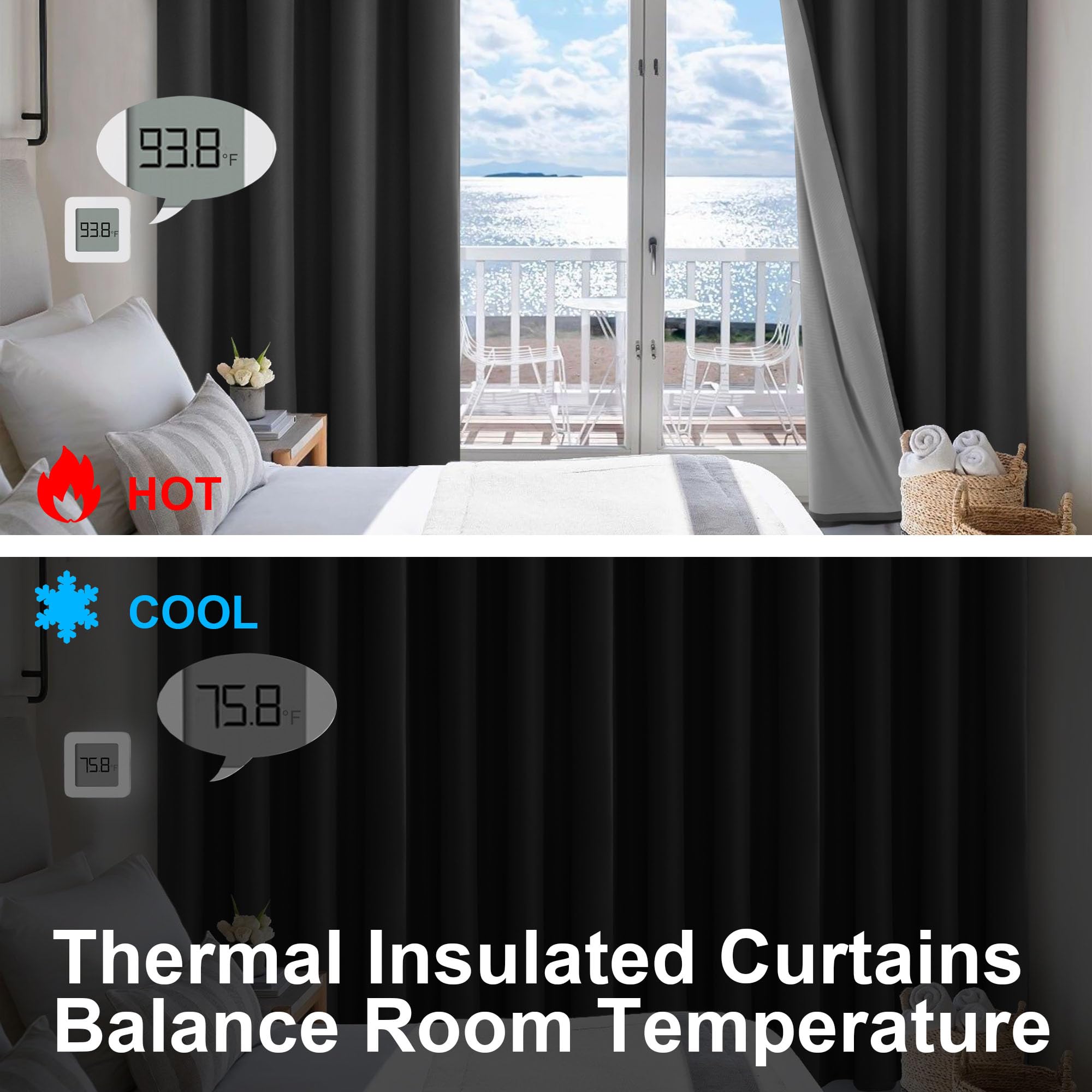 Blackout curtains with grommet top design by DWCN Official, showcasing thick, 100% blackout fabric in sleek black color.