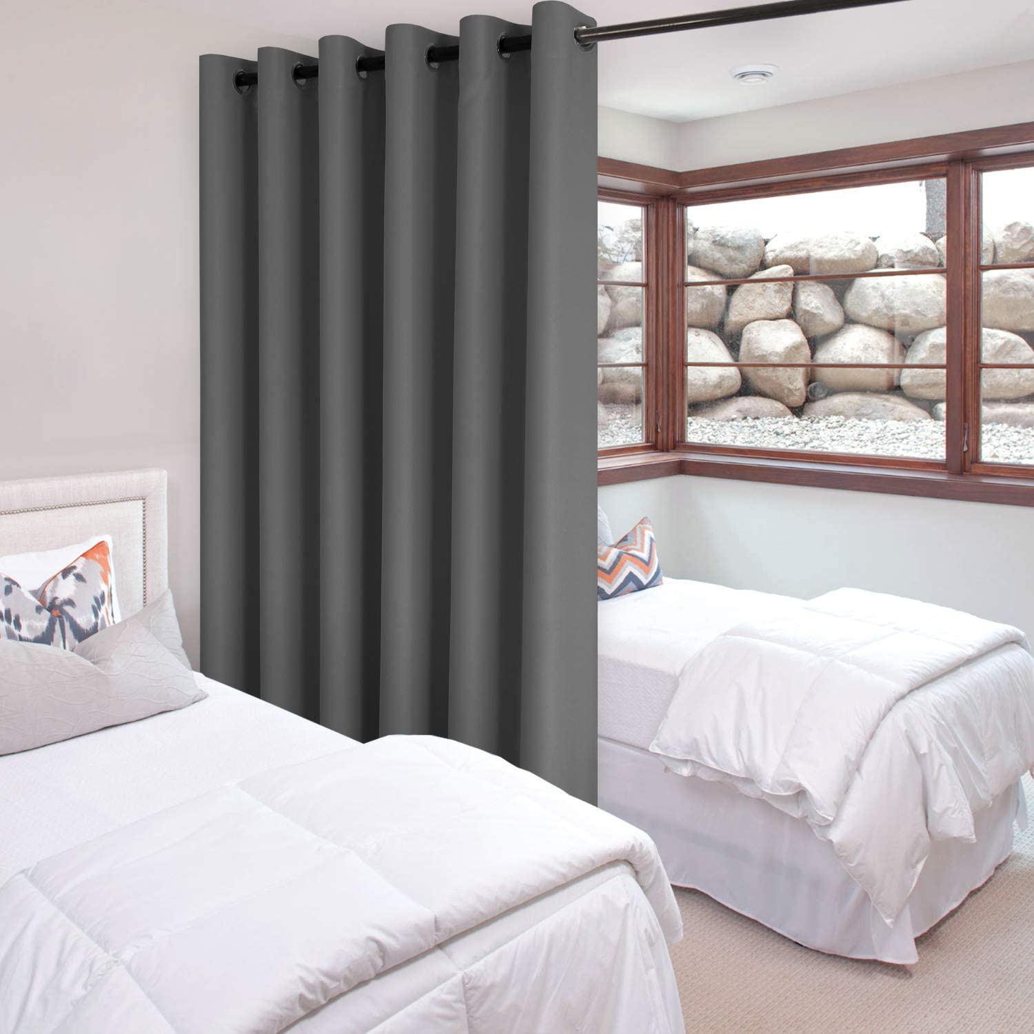 Black DWCN Official blackout curtain panel with grommets, designed for room dividers to block light and add privacy.