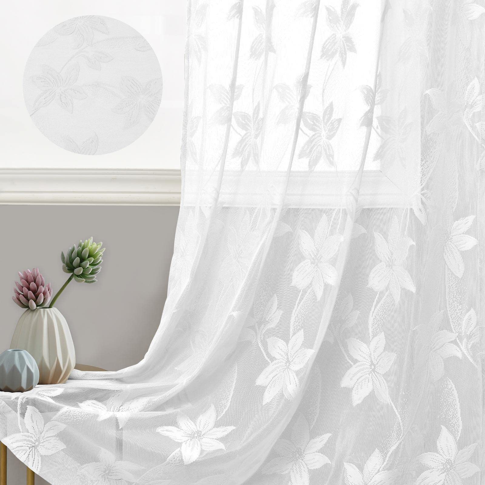 Pair of DWCN Official lace sheer curtains with delicate floral patterns, set of 2 panels for elegant window decor.