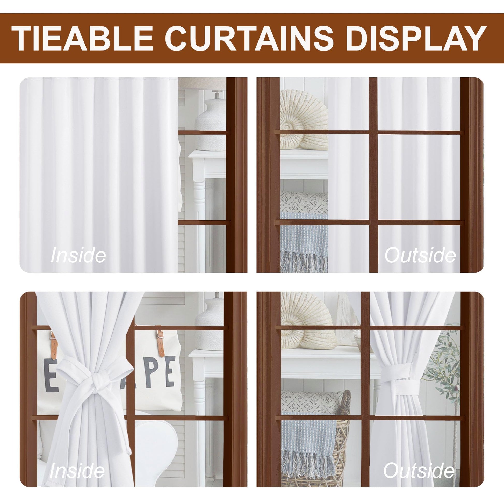 Set of two DWCN blackout curtains with tiebacks, rod pocket and back tab design, in black fabric, hanging on a curtain rod.