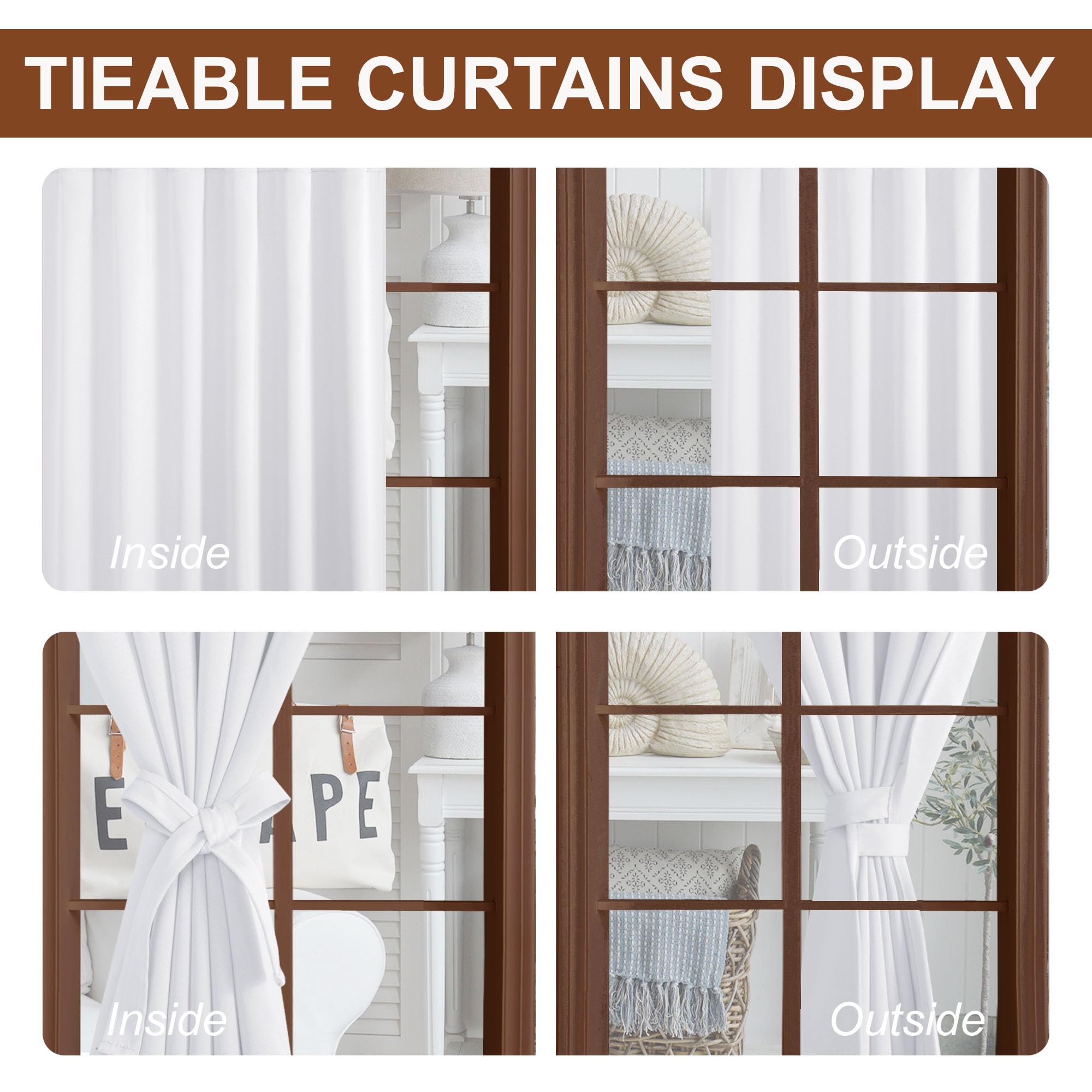 Set of two DWCN blackout curtains with tiebacks, rod pocket and back tab design, in black fabric, hanging on a curtain rod.