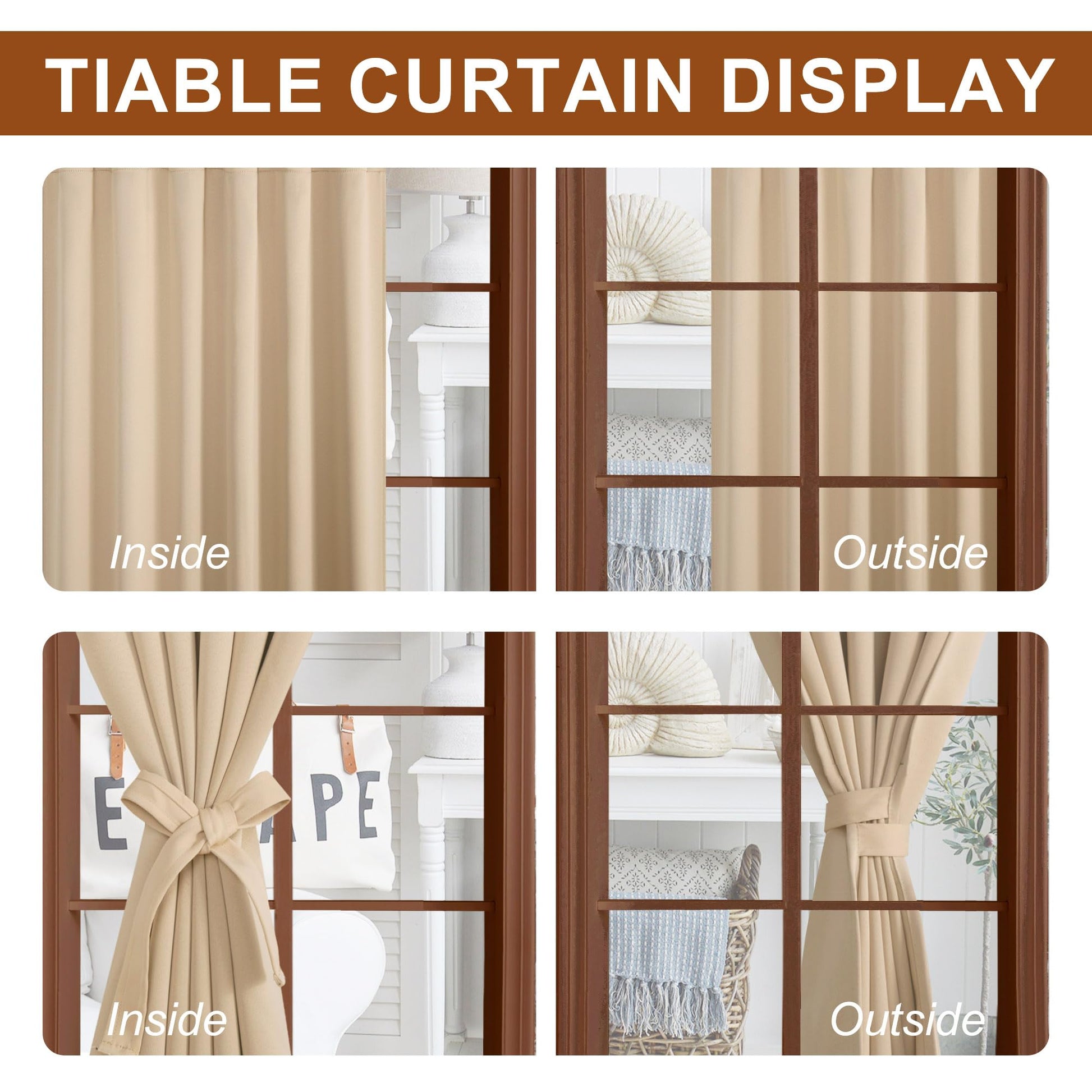 Pair of DWCN Official black blackout curtains with tiebacks, rod pocket and back tab design, set of two panels hanging on a window.