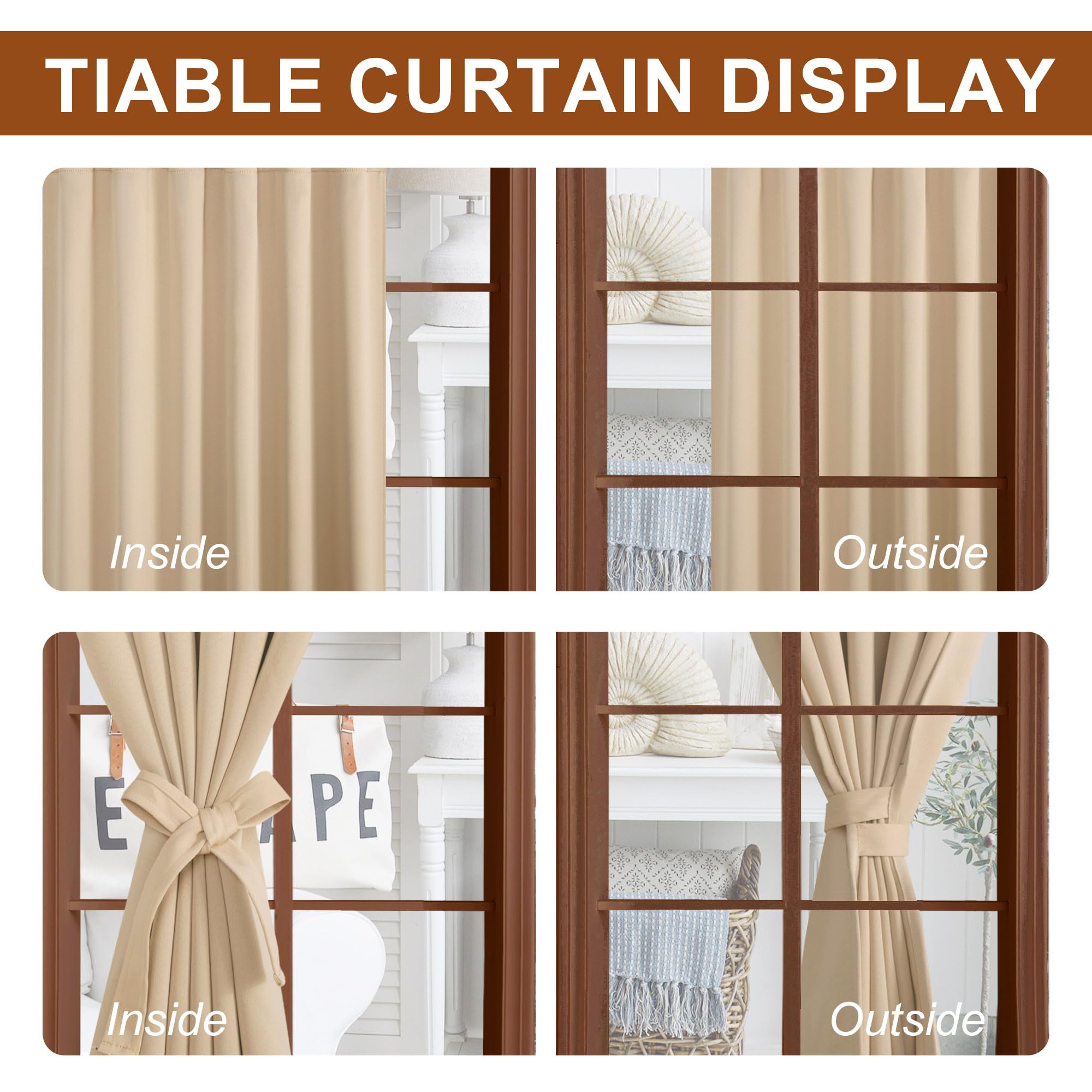 Pair of DWCN Official black blackout curtains with tiebacks, rod pocket and back tab design, set of two panels hanging on a window.