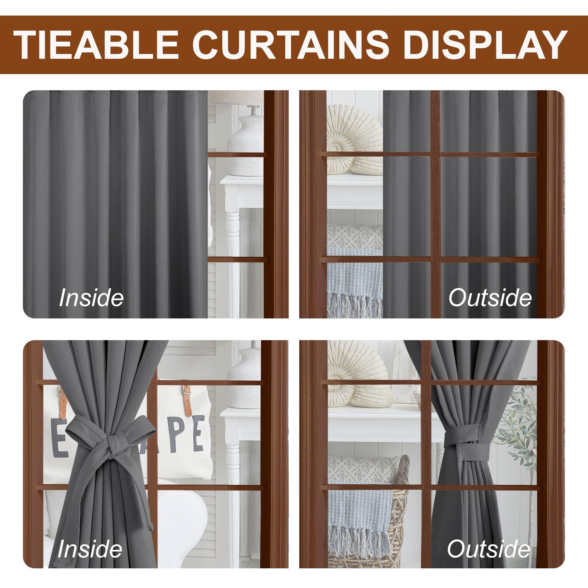 Pair of DWCN Blackout Curtains with tiebacks, rod pocket and back tab design, set of two panels hanging in a living room window.