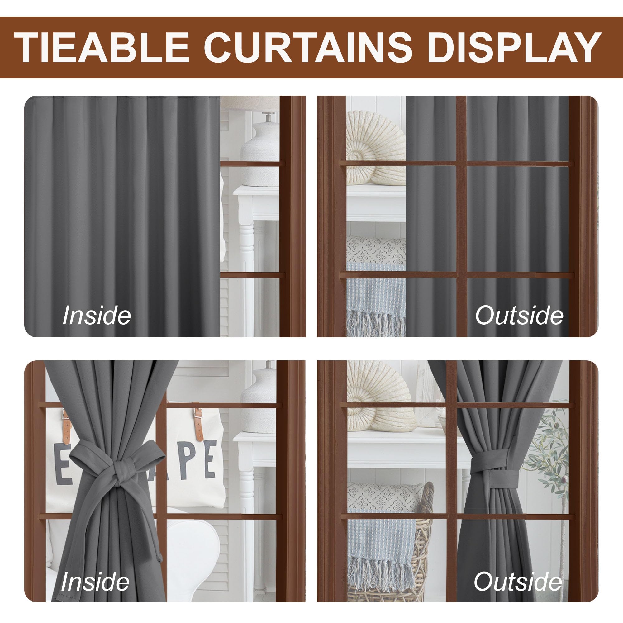 Pair of DWCN Blackout Curtains with tiebacks, rod pocket and back tab design, set of two panels hanging in a living room window.