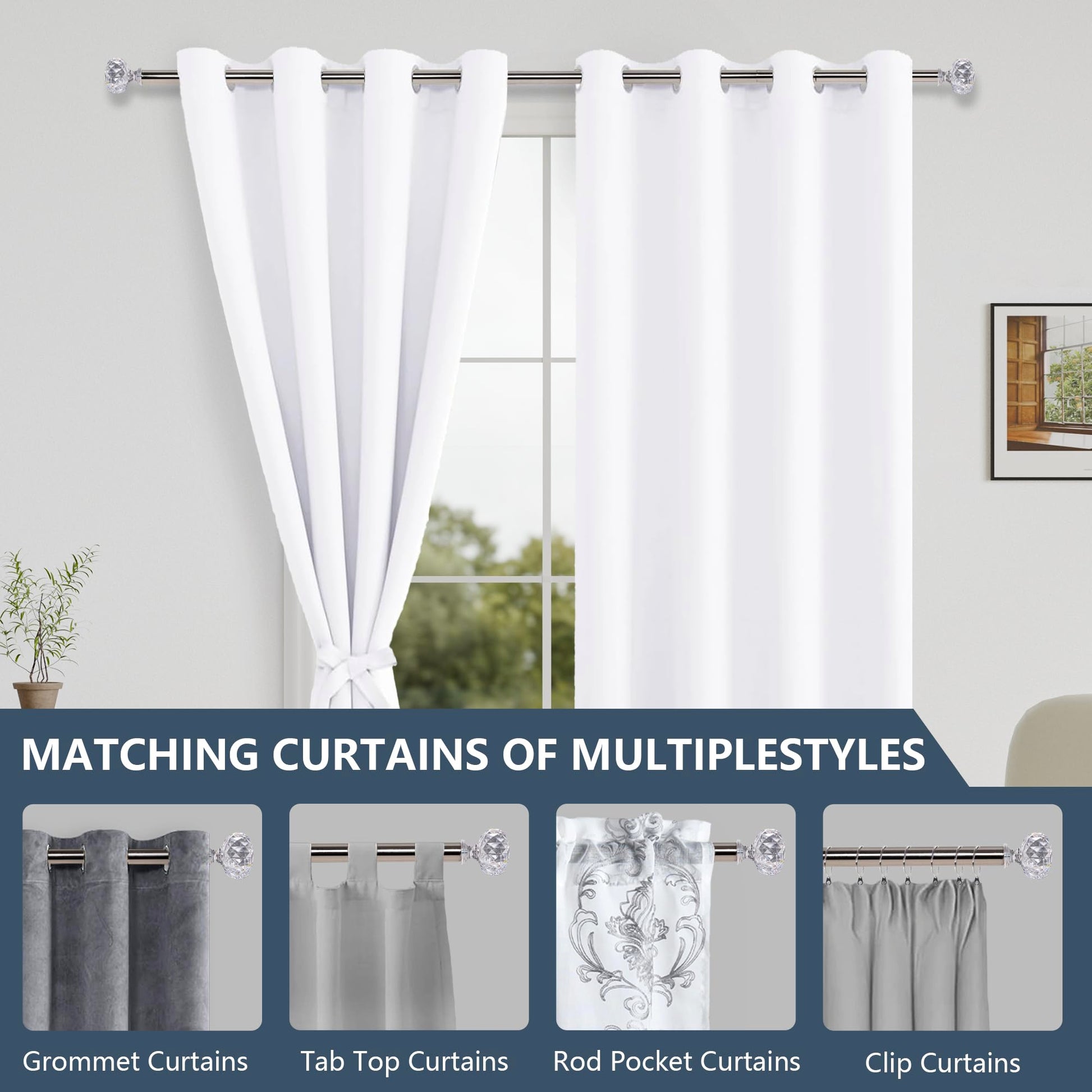 Heavy duty adjustable DWCN Official curtain rods with brackets and finials, mounted on a window frame for versatile window treatment.