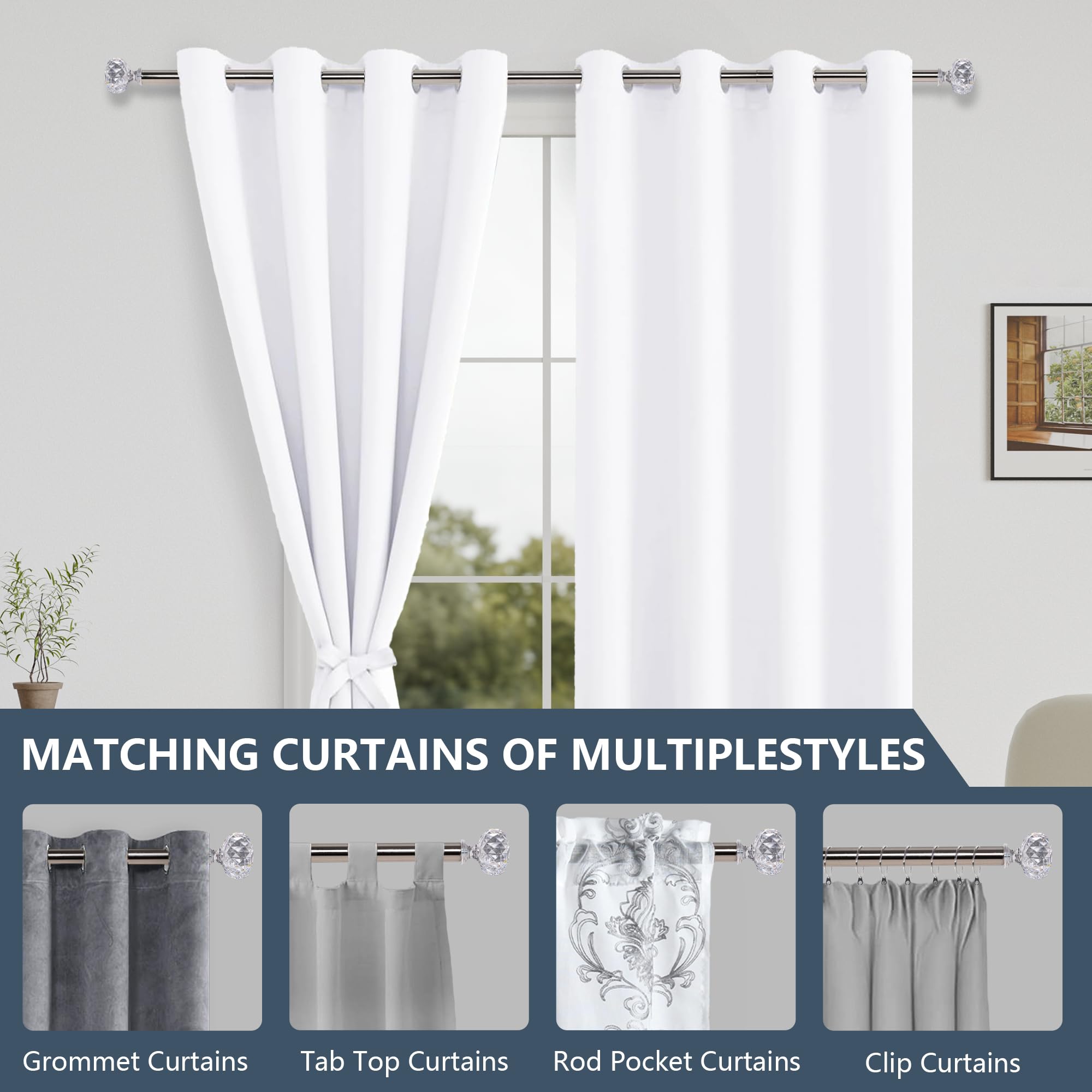 Heavy duty adjustable DWCN Official curtain rods with brackets and finials, mounted on a window frame for versatile window treatment.
