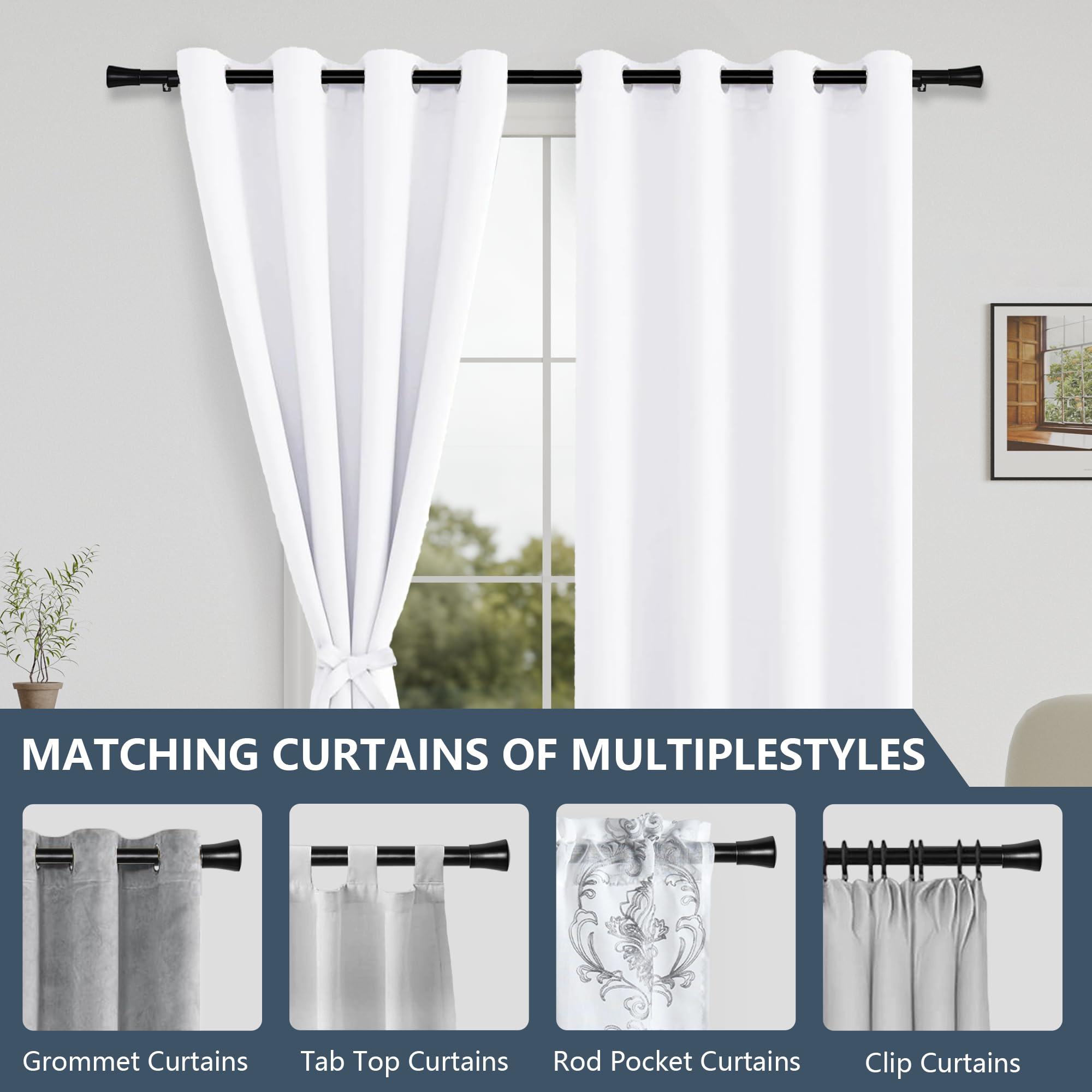 White curtains with grommet top hanging in a room with a window, with additional curtain styles shown below.