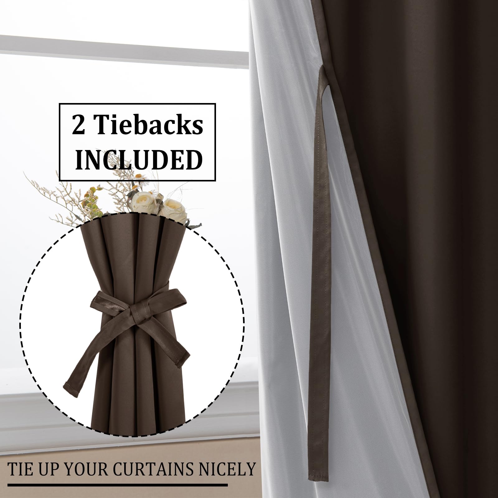 Set of two DWCN blackout curtains with tiebacks, featuring a sleek black fabric and elegant design for room darkening.