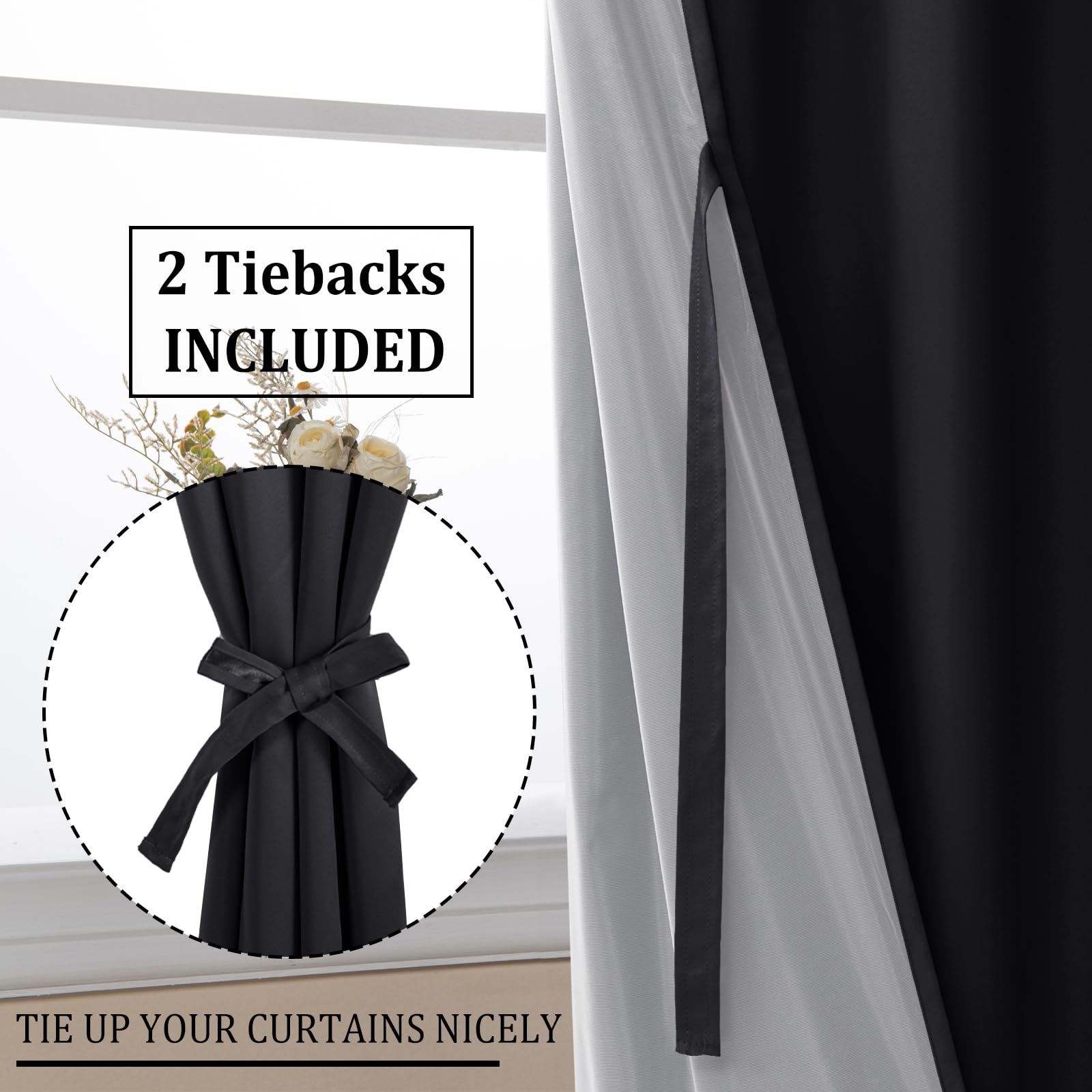 DWCN 100% blackout curtains with tiebacks, set of 2 panels, showing black fabric and tied-back design for light blocking.