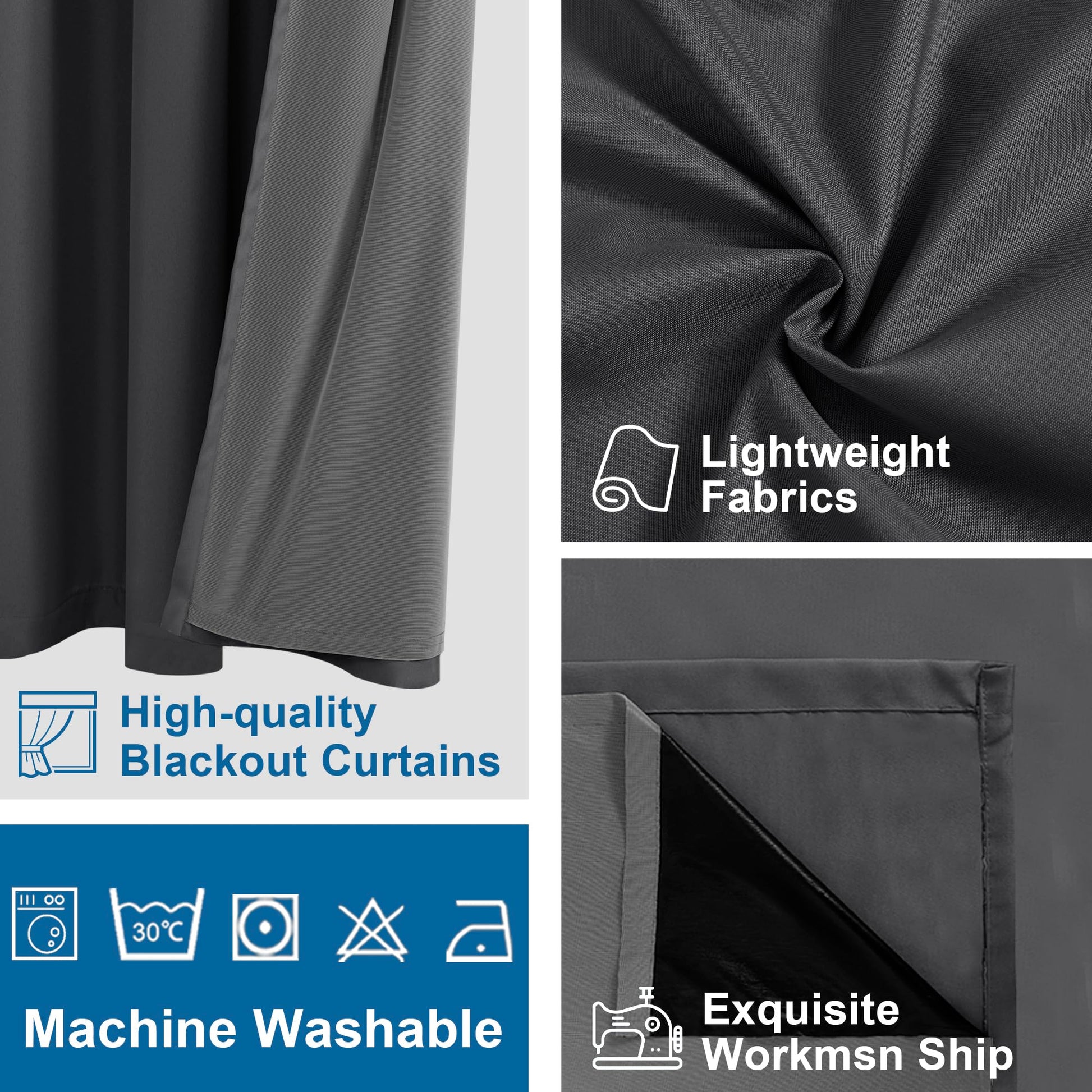Blackout curtains with grommet top design by DWCN Official, featuring 100% black fabric for light blocking and modern style.