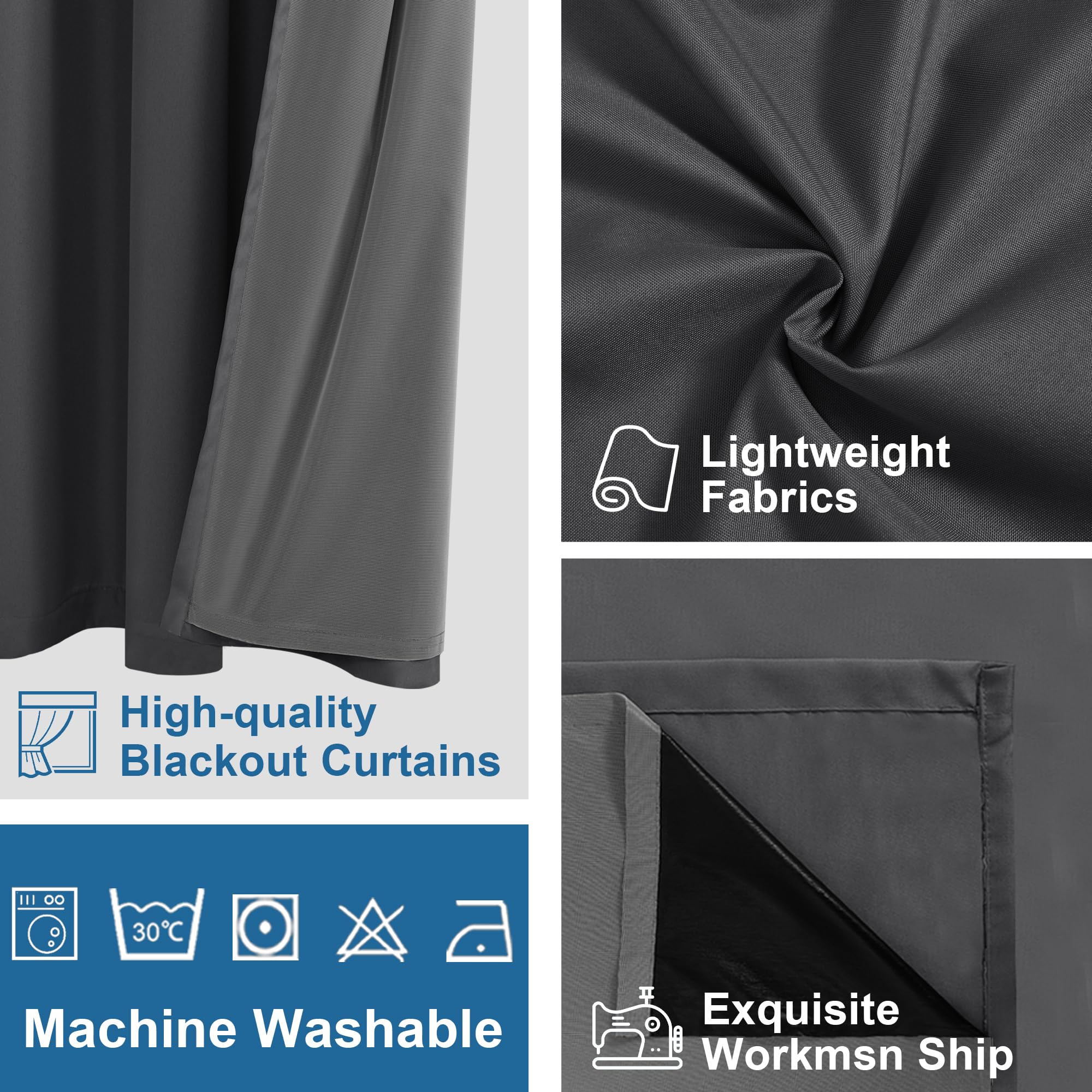 Blackout curtains with grommet top design by DWCN Official, featuring 100% black fabric for light blocking and modern style.