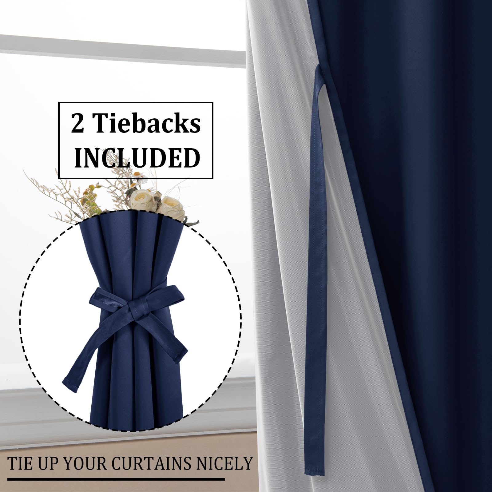 Set of two DWCN blackout curtains with tiebacks in solid black fabric, designed for room darkening and privacy.