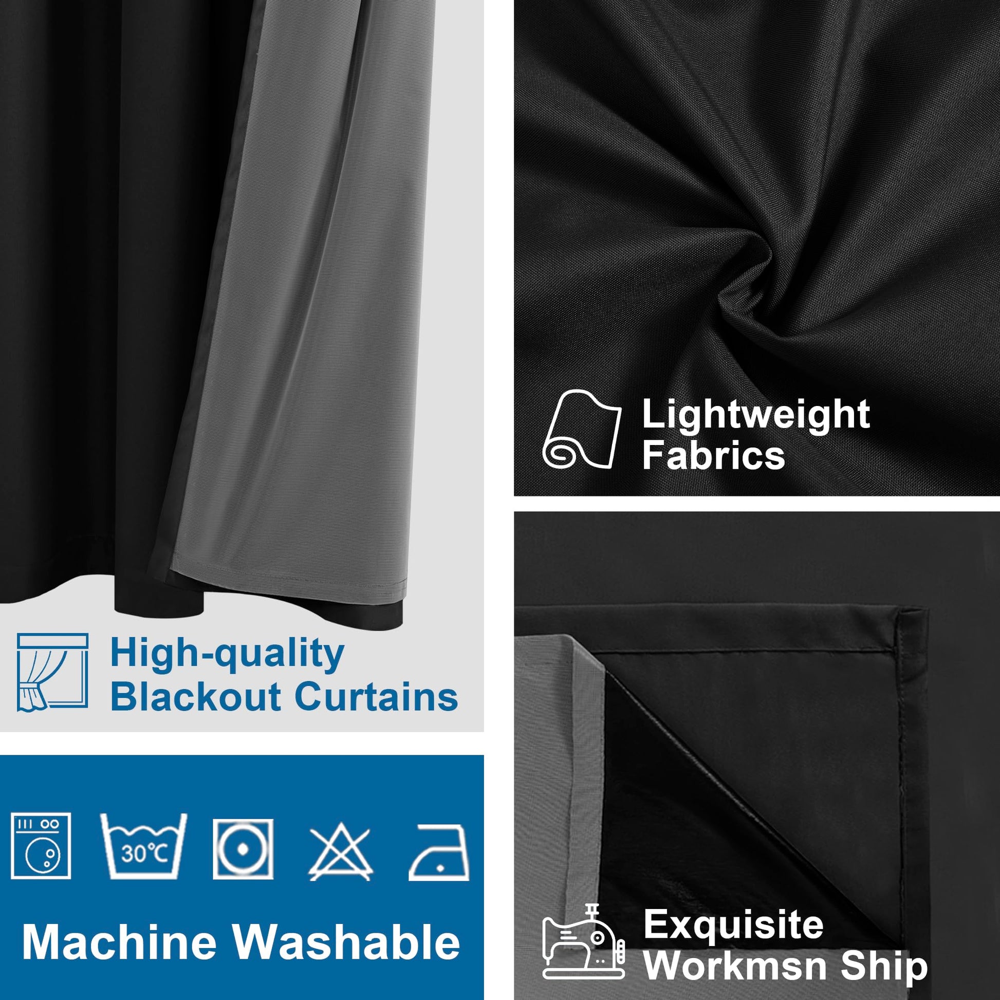 DWCN official blackout curtains with grommet top design in deep black fabric, ideal for light blocking and modern window decor.