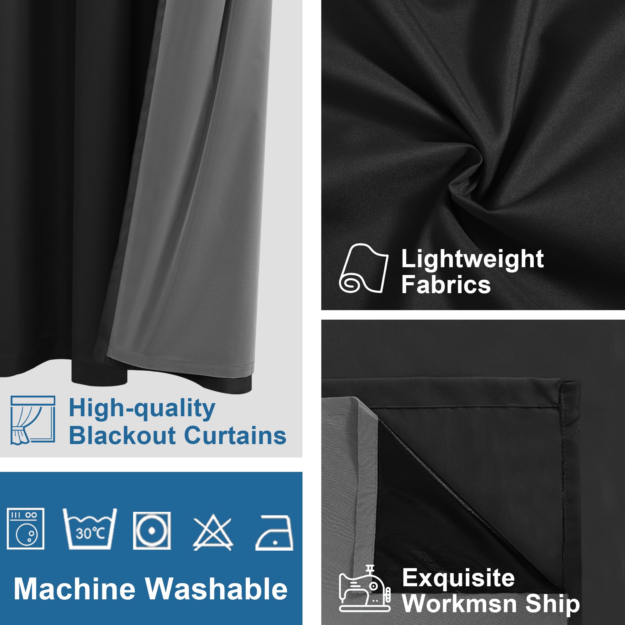 DWCN official blackout curtains with grommet top design in deep black fabric, ideal for light blocking and modern window decor.