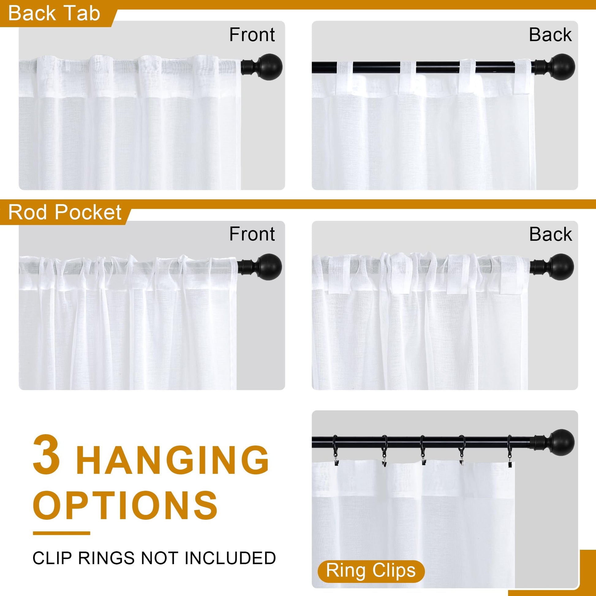 Pair of DWCN White Faux Linen Sheer Curtains with Tiebacks, set of 2 panels, featuring lightweight, semi-transparent fabric and elegant design.