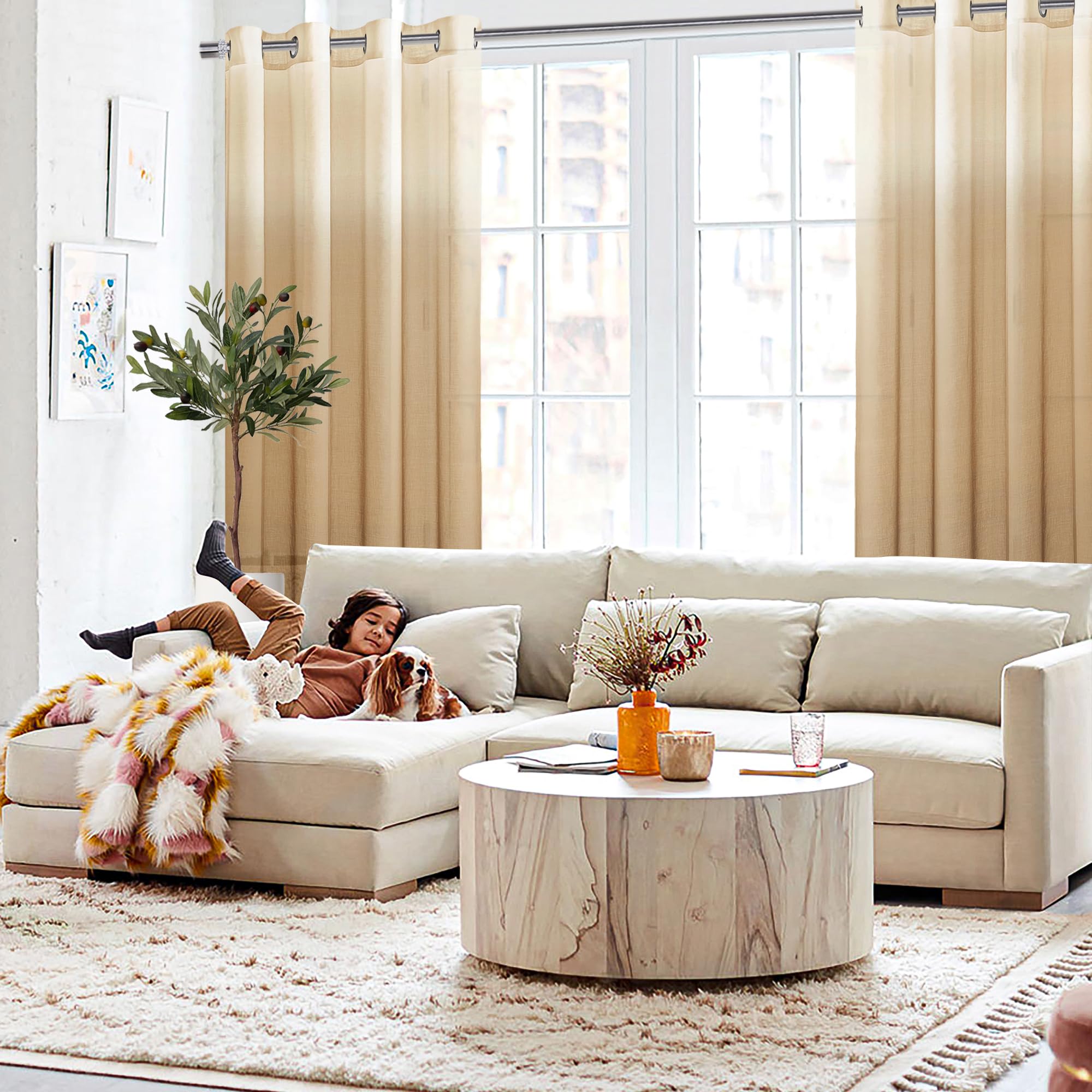 DWCN Faux Linen Ombre Sheer Curtains set of 2 panels hanging on a window with a soft gradient ombre design