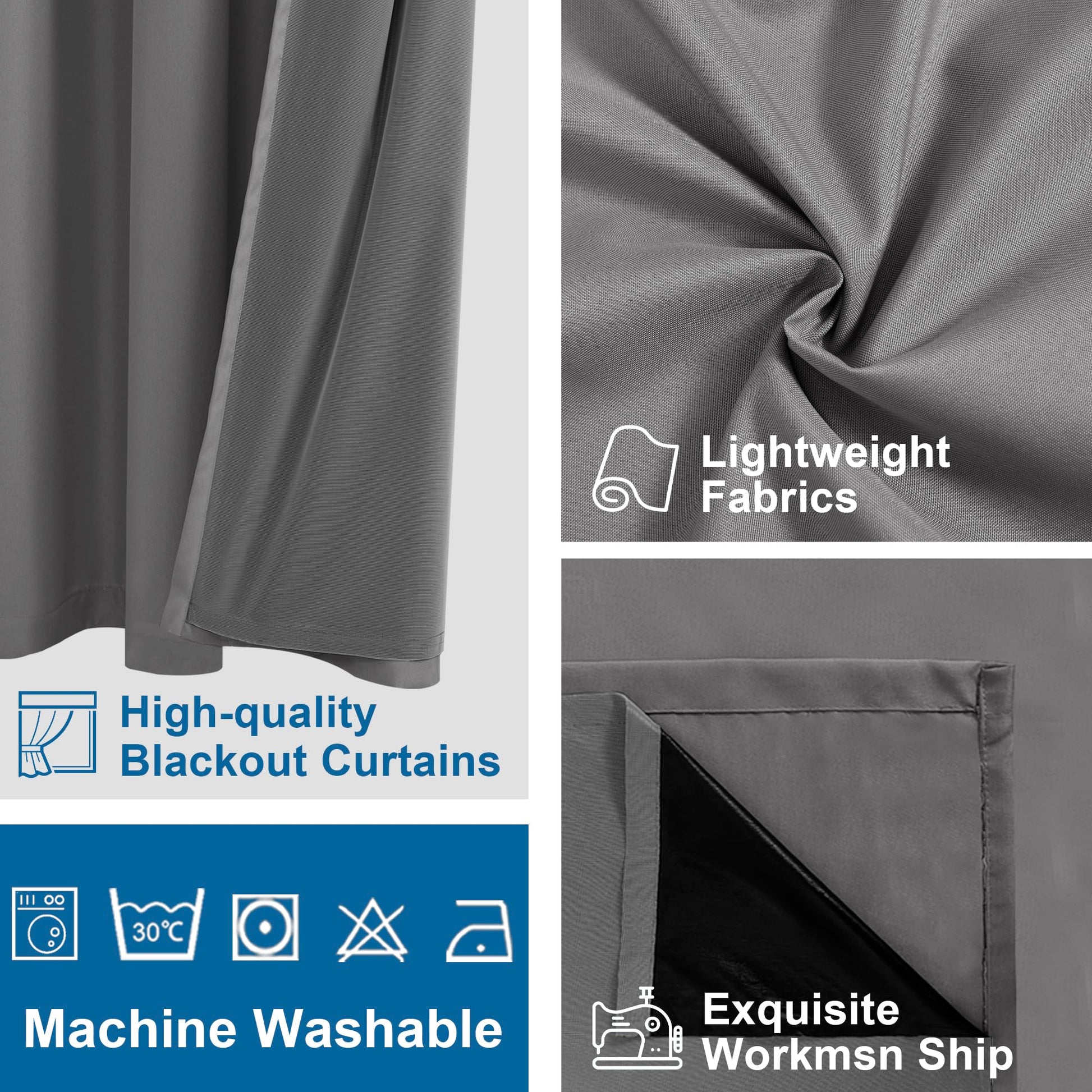DWCN Official 100% blackout curtains with grommet top design hanging on a window, blocking out light and providing privacy.